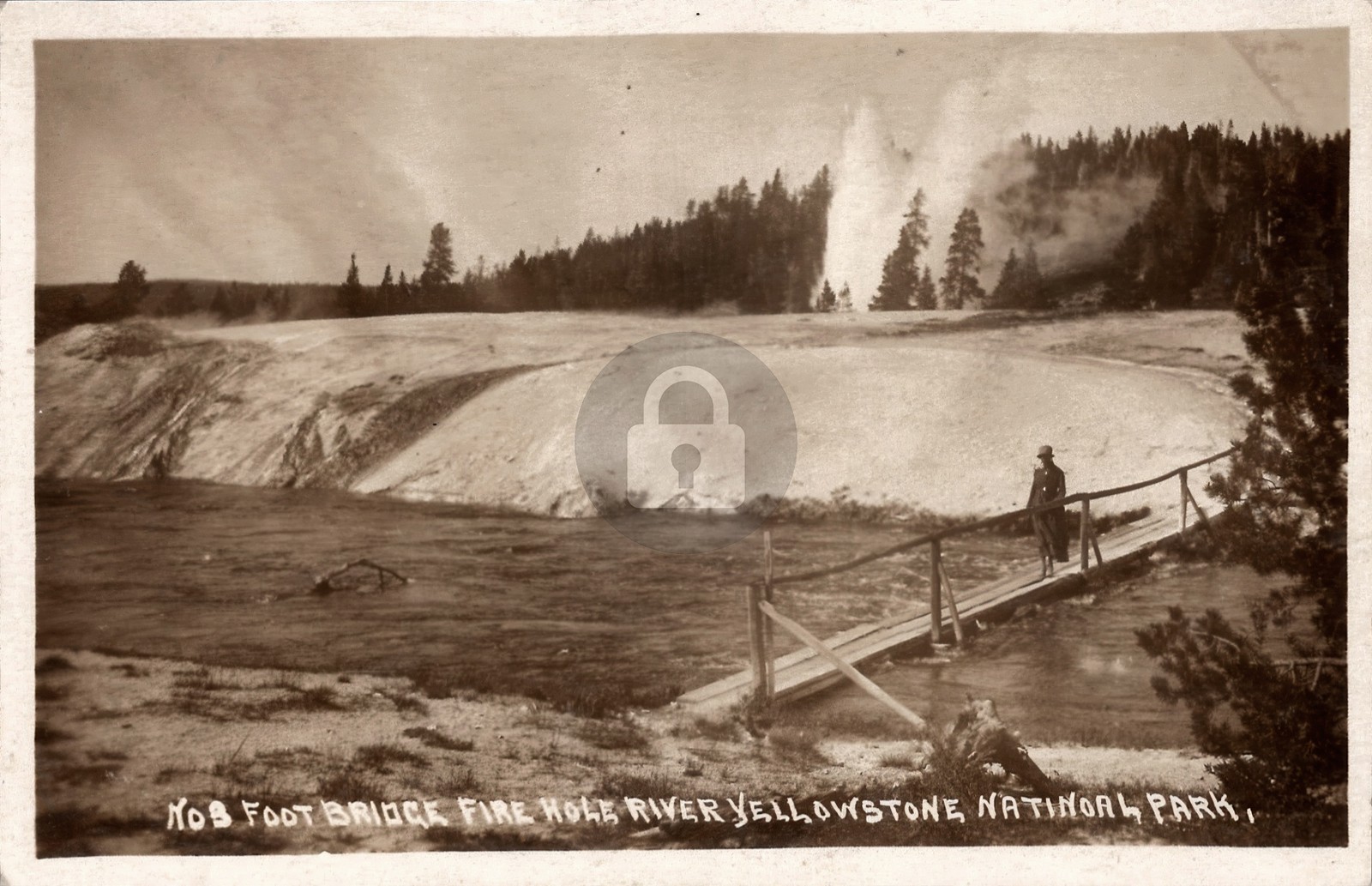 c1930s Foot Bridge Fire Hole R. Yellowstone WY Wesley Andrews RPPC Postcard COPY