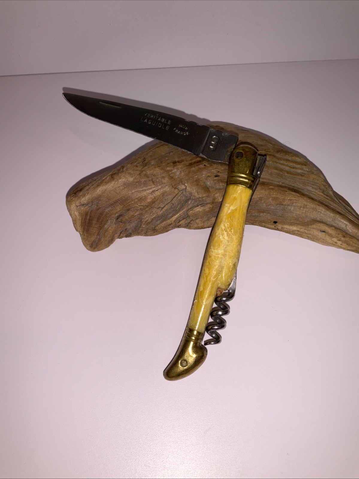 Vintage French Laguiole 440 Folding Knife Yellow Faux Mother of Pearl Corkscrew