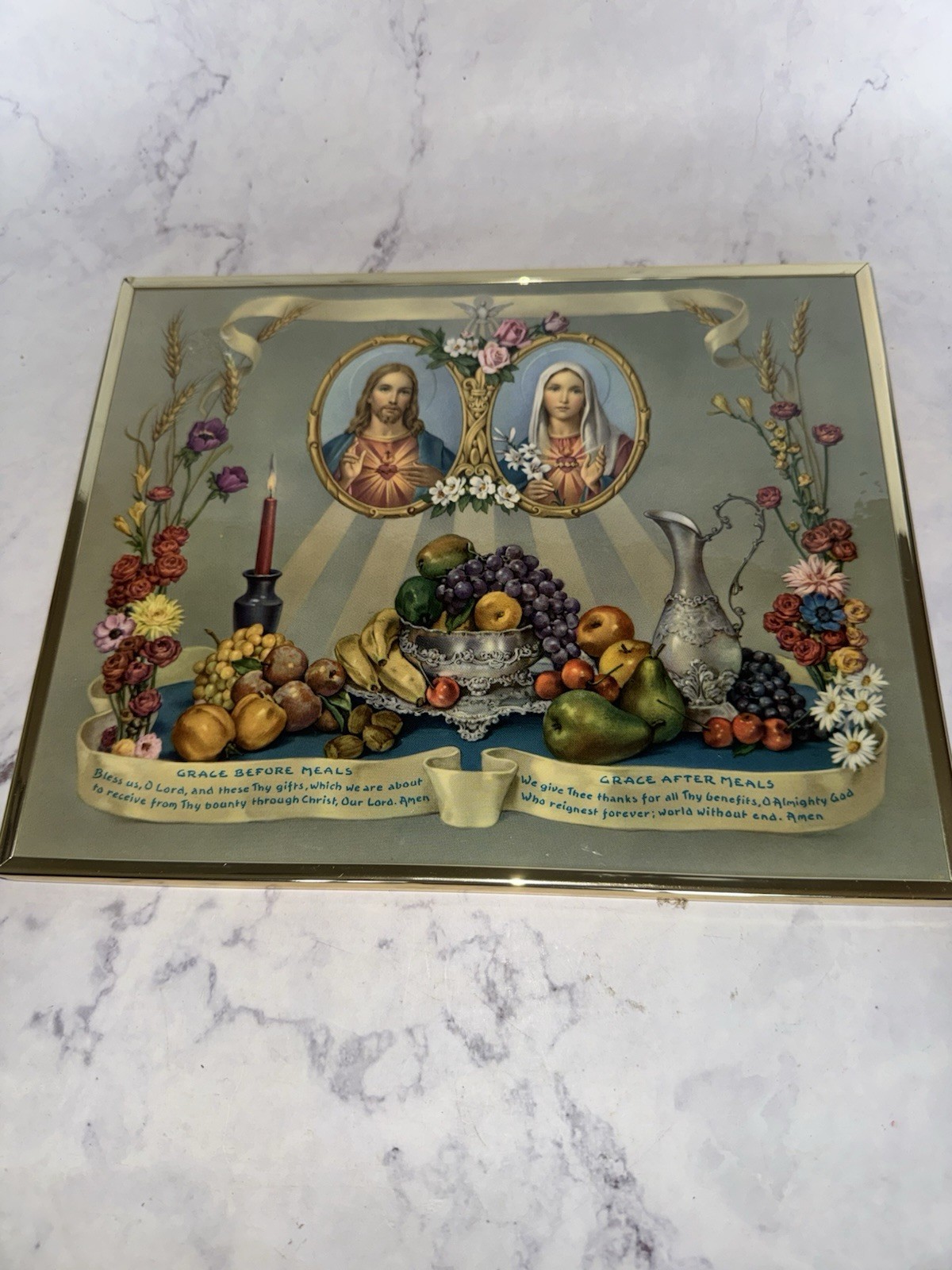 Vtg Grace Before and After Meals Jesus Mary Framed Kitchen Print Religious 10x8\