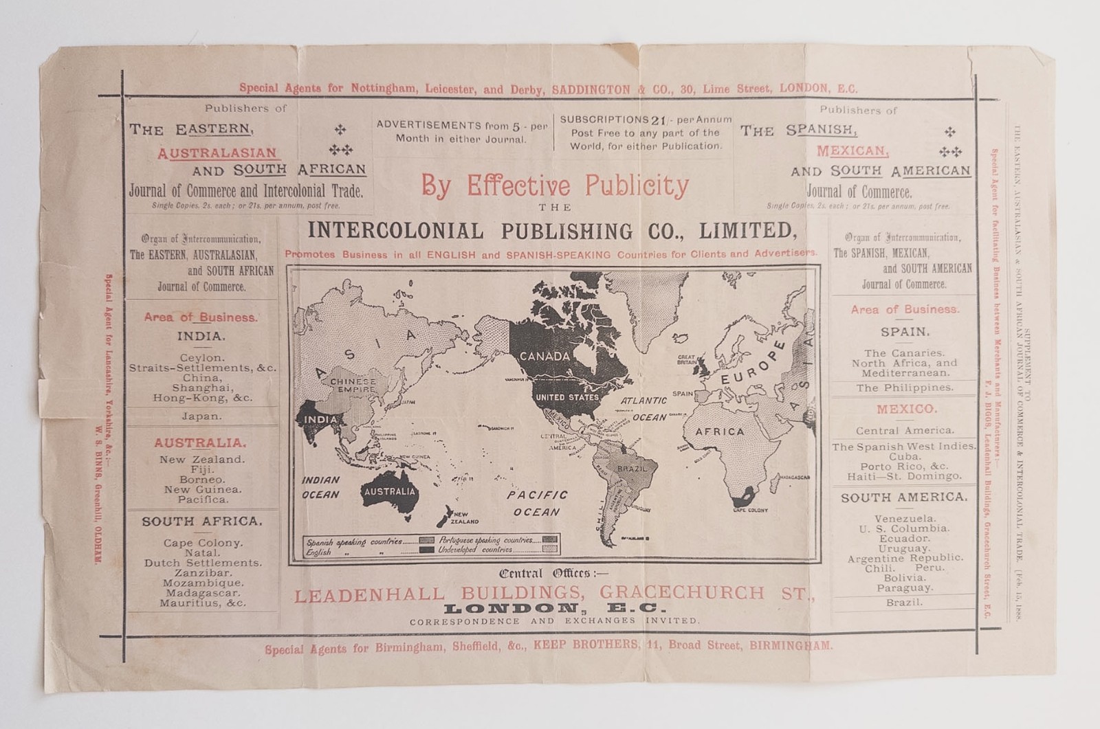 Antique 1888 British Empire Global Trade Map Prospectus Norwich Commerce Insert