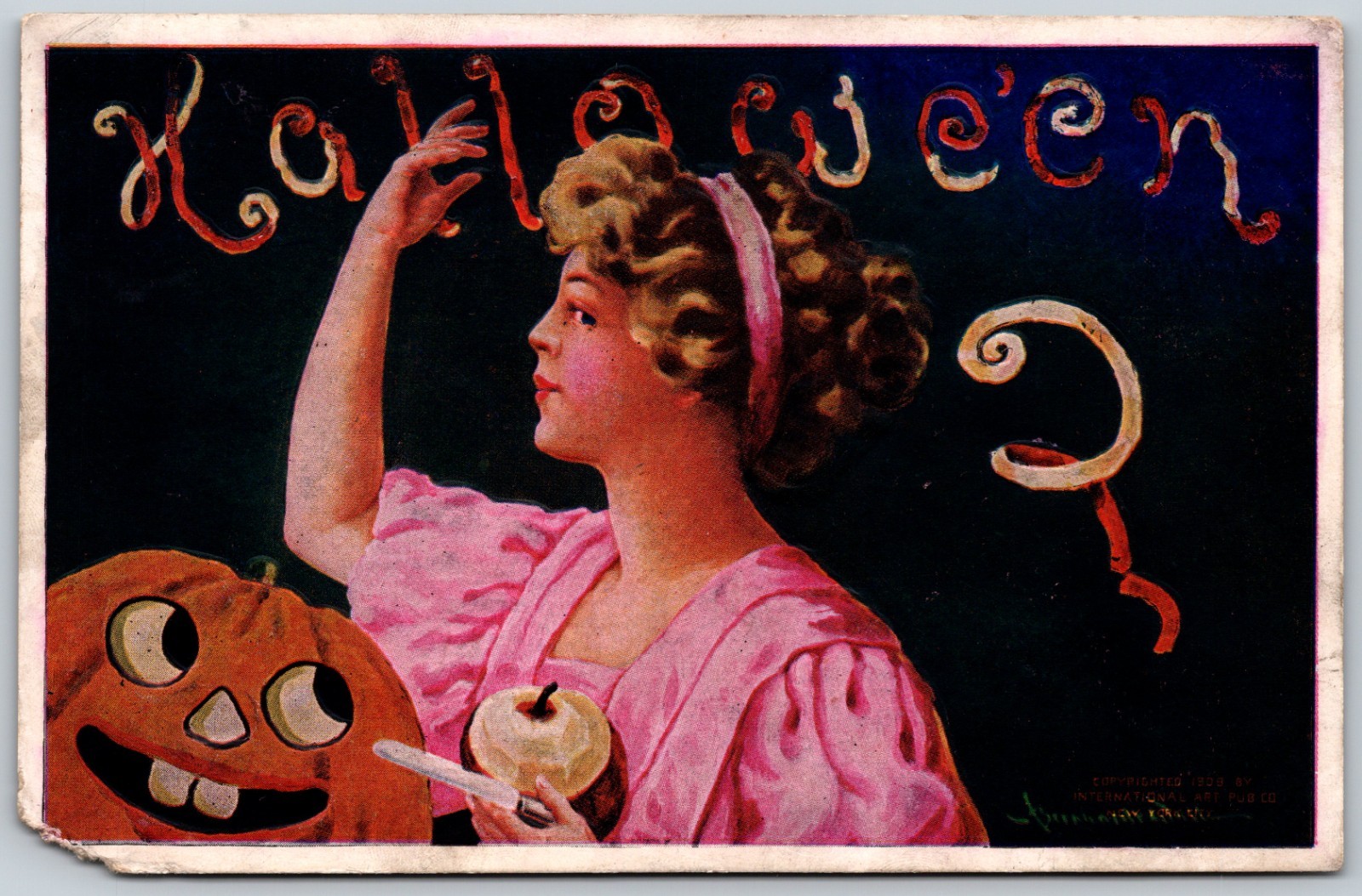 1908 Halloween Woman Apple Knife Jack-O-Lantern ANTIQUE Postcard 10326