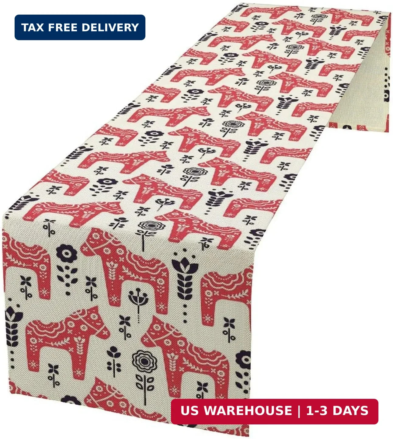 Ethnic Table Runner, Folk Inspired Swedish Dala Horse with Floral Ornaments Folk