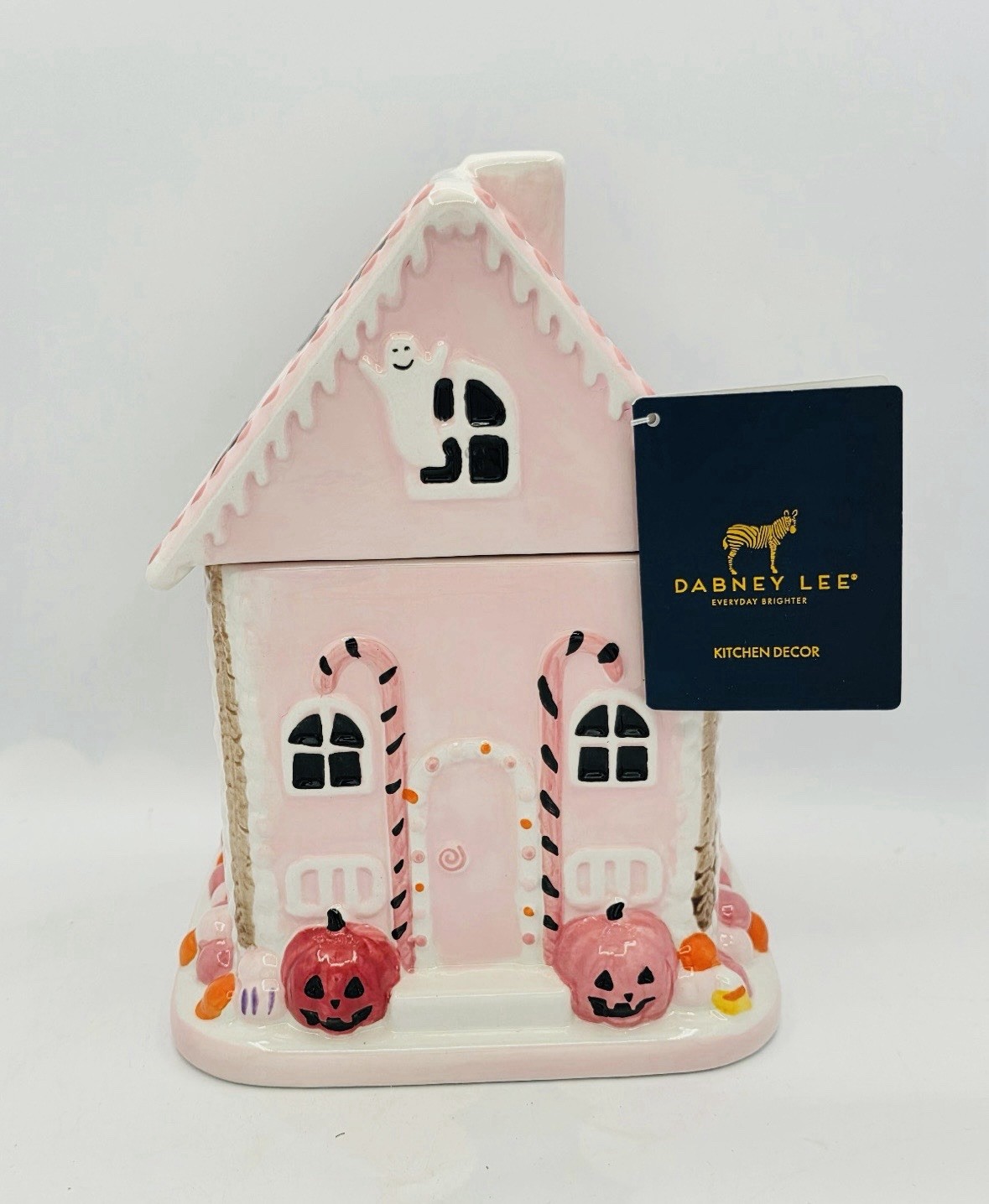 🩷🖤NWT Dabney Lee Large Ceramic Pink Halloween Haunted House Cookie Jar 🩷🖤NWT Dabney Lee Large Ceramic Pink Halloween Haunted House Cookie Jar