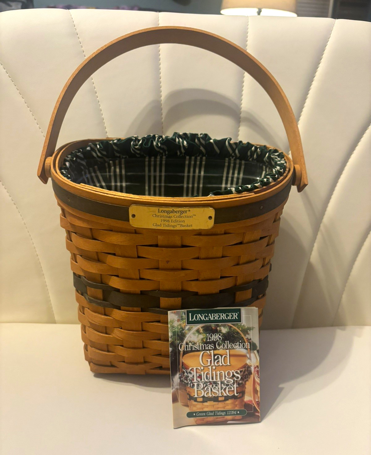 Longaberger 1998 Glad Tidings Christmas Basket Green Liner Protector USA Handle