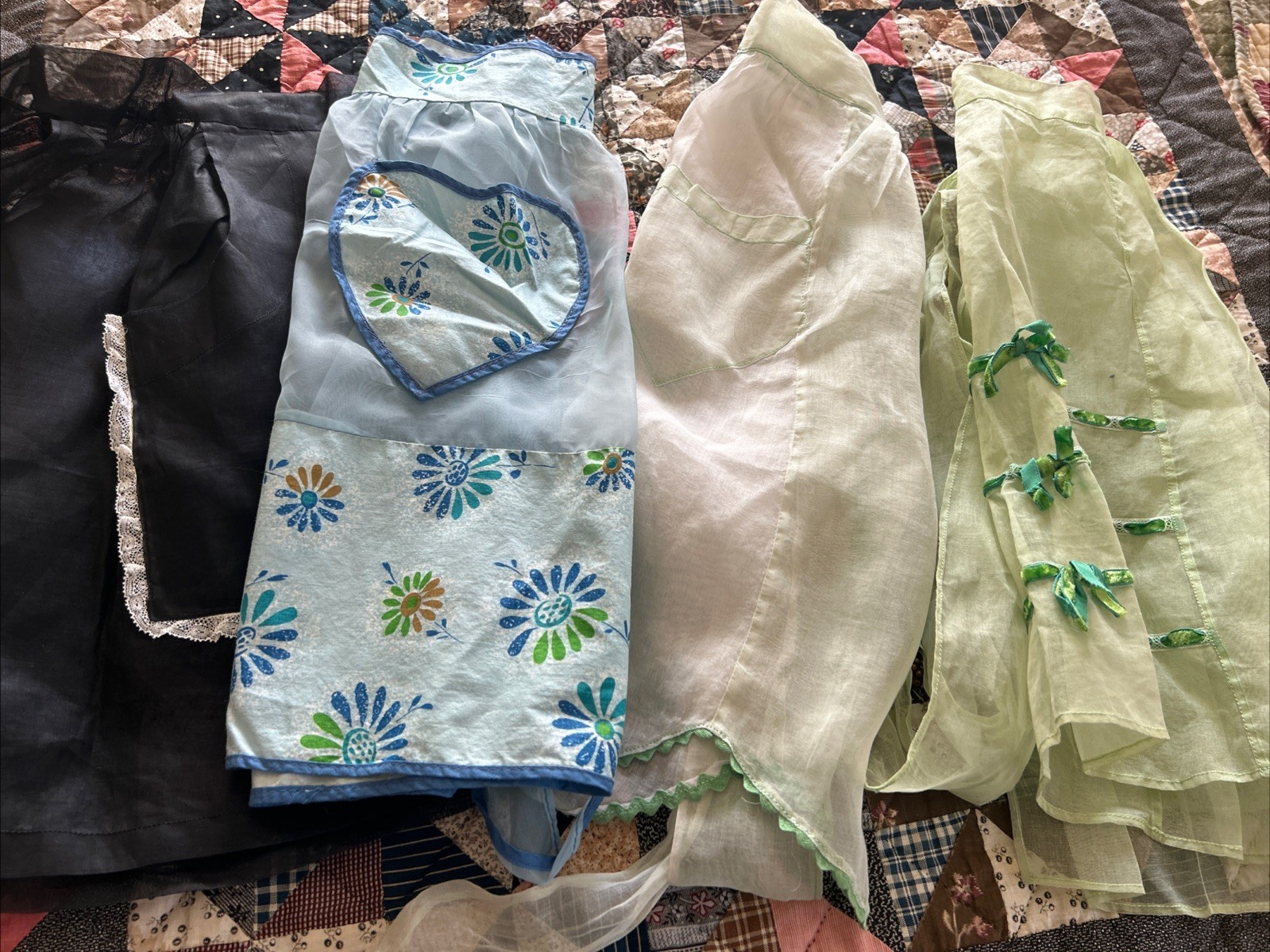 Lot of 4 Vintage Sheer Hostess Half Aprons Black Lace Organza Green Mid Century