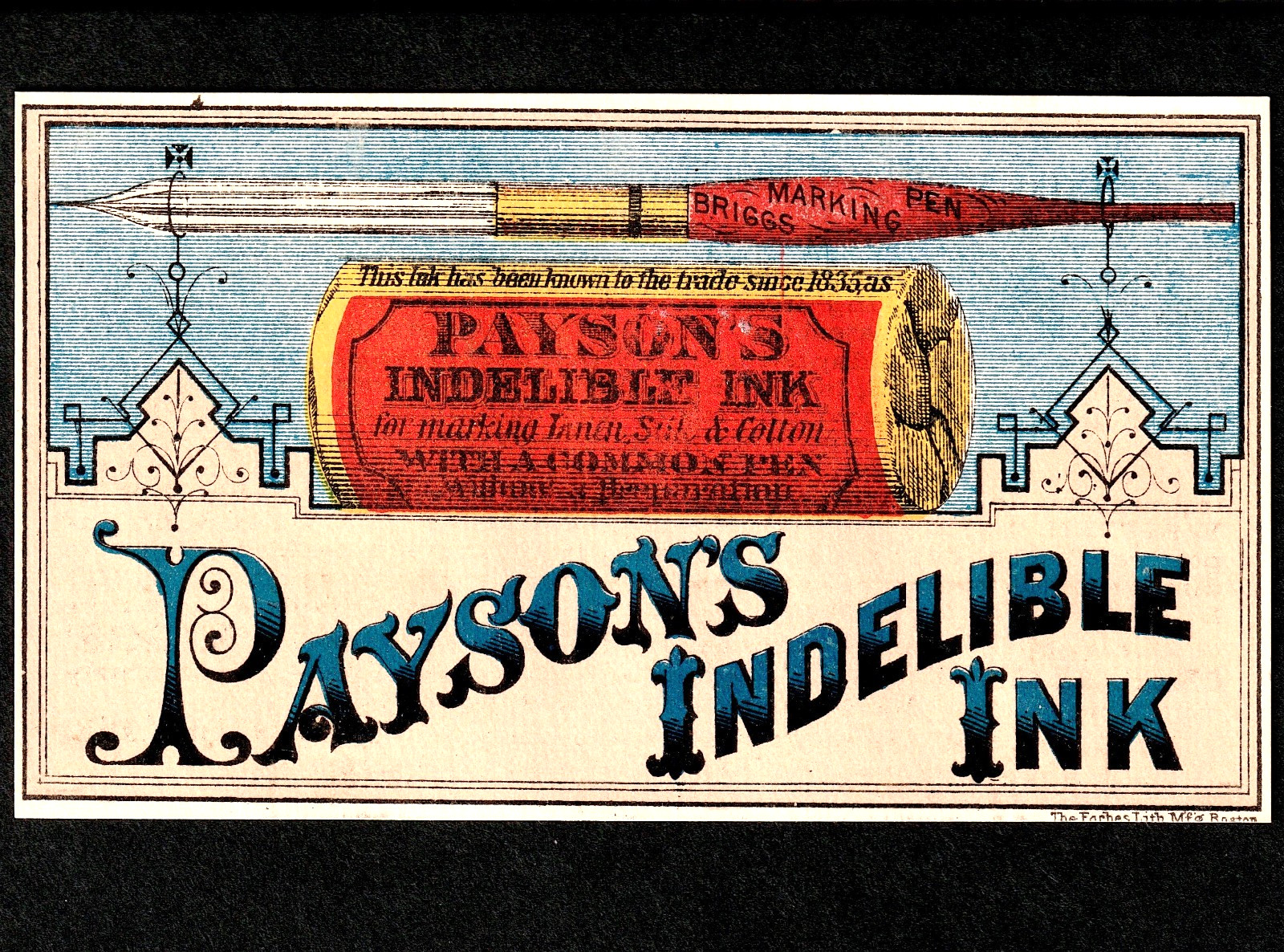 Paysons Indelible Ink -RARE- Briggs Marking Ink Pen Victorian Trade Card SR.M/PI