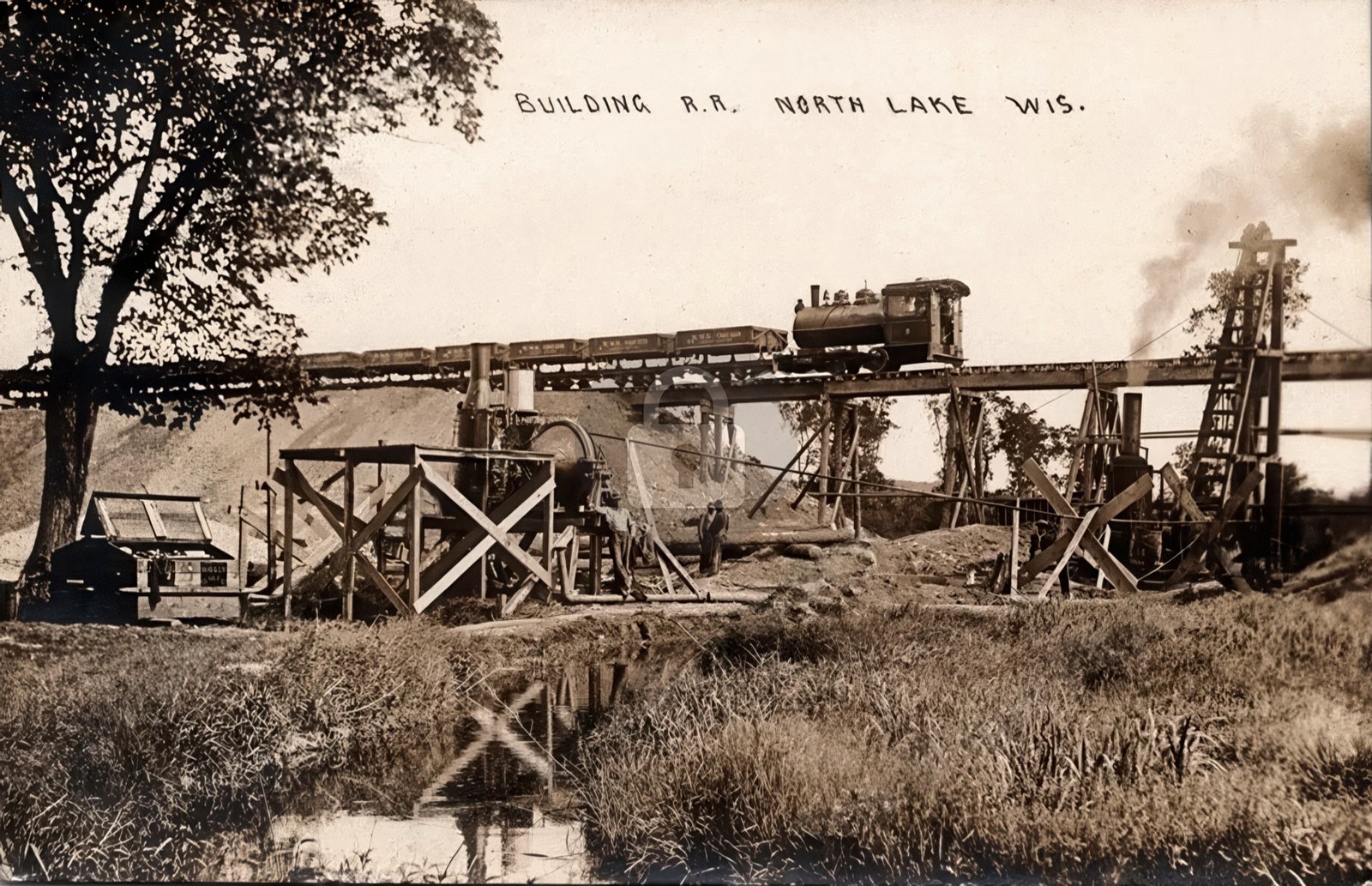 C&NW Railroad Construction NORTH LAKE WI Wisconsin Train 1910s RPPC COPY
