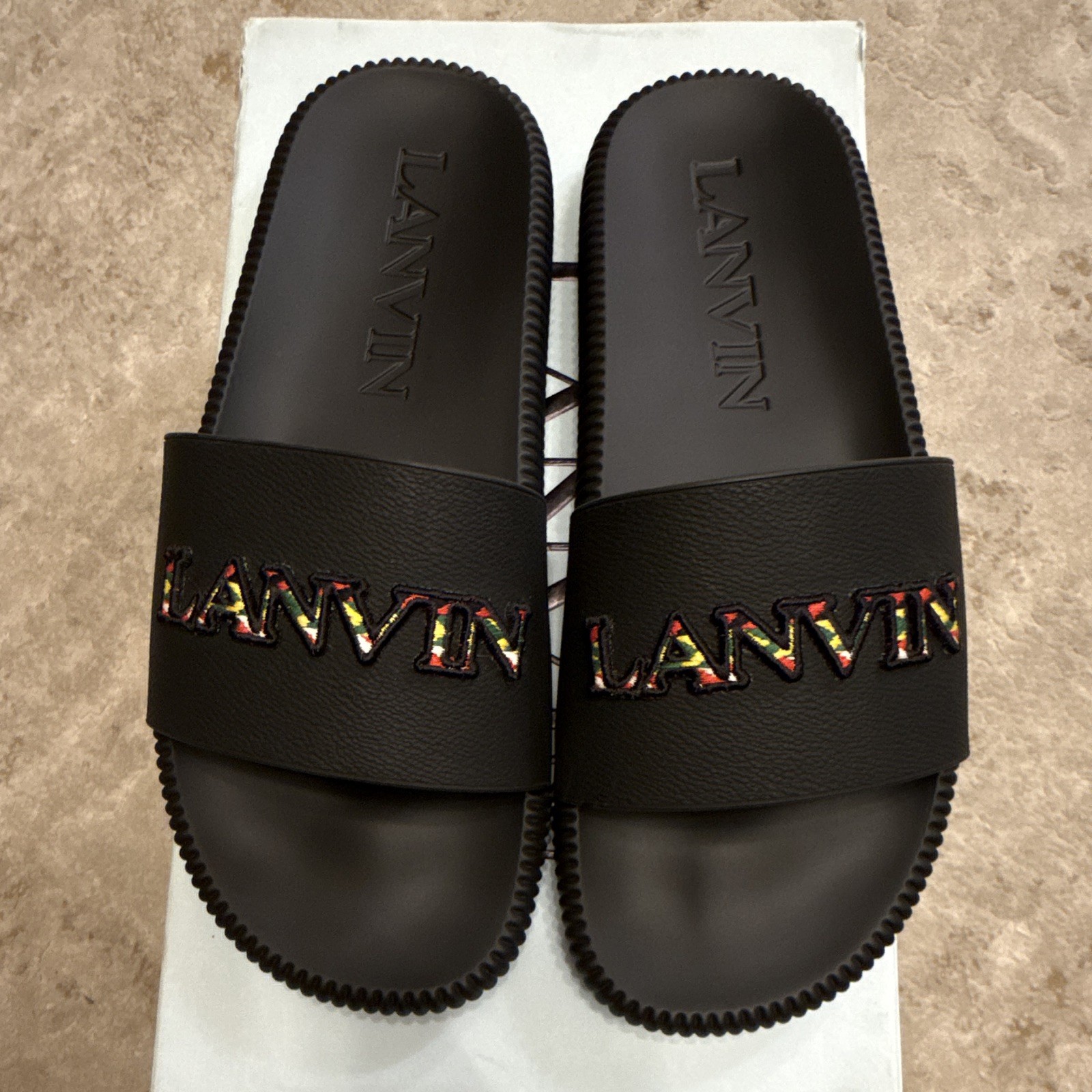 LANVIN Arpege Black Logo Men\'s Slide Sandals US 10 EU 43 FM-SAVS00 Original $505