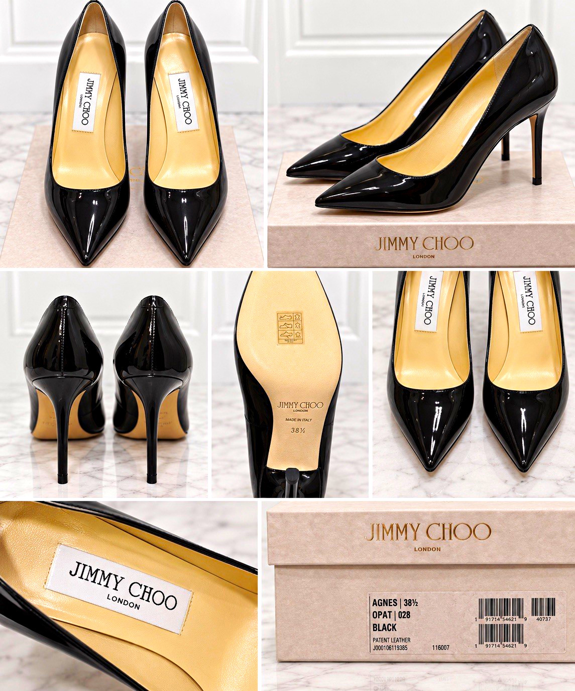 Jimmy Choo Agnes Black Patent Leather Pointed Toe Pumps 38.5 NEW w/ Box