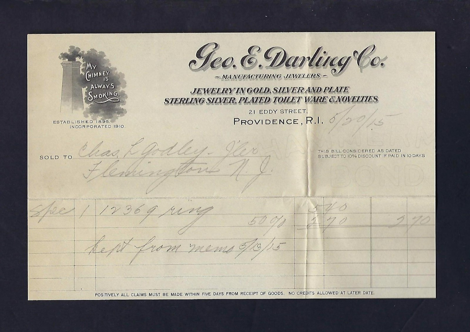 1915 Geo. E. Darling Co. Providence RI Jewelry Billhead, Antique Ephemera