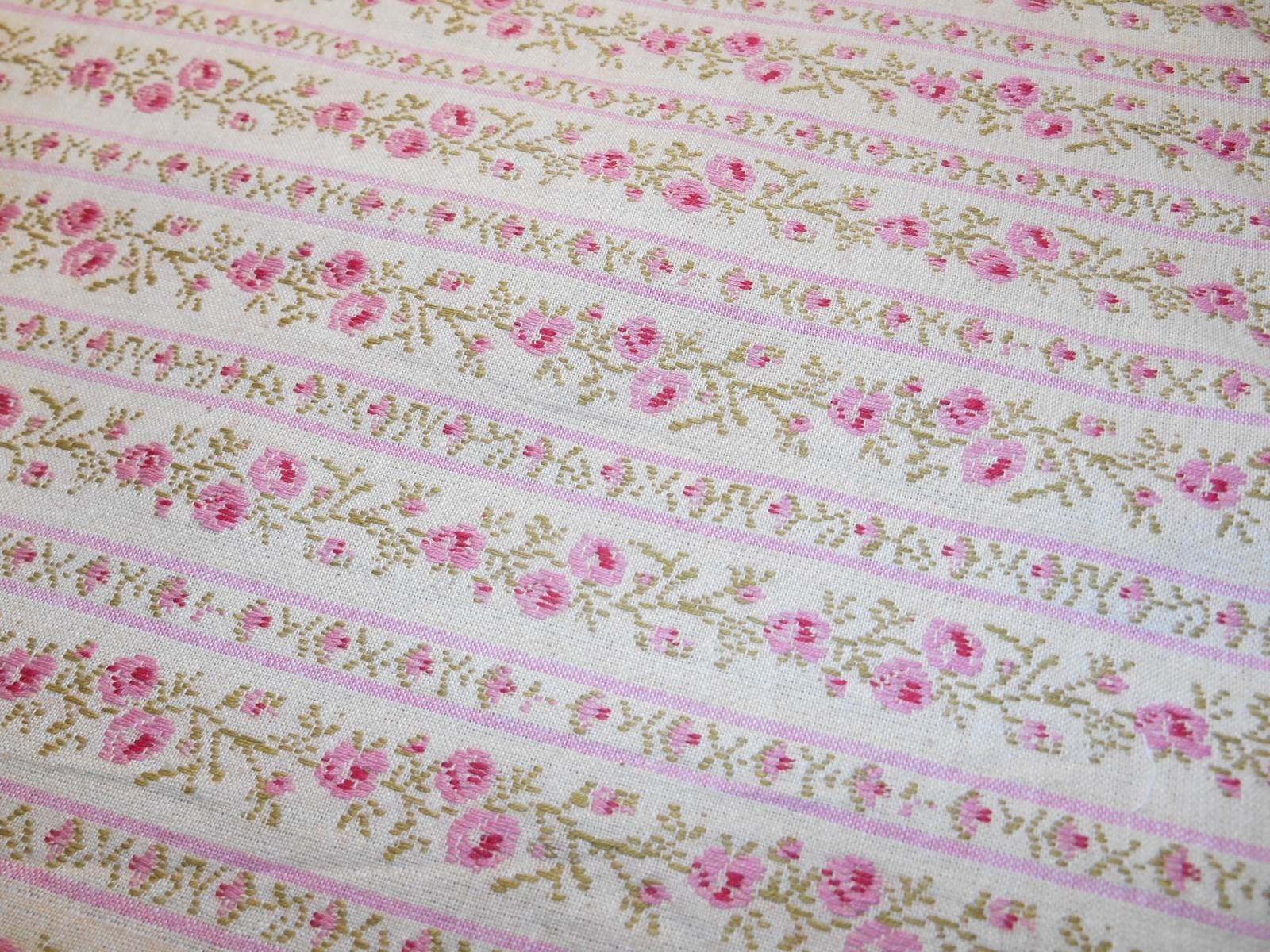 Vintage French Jacquard Woven Textile Cotton Fabric PINK ROSES Stripes 56\