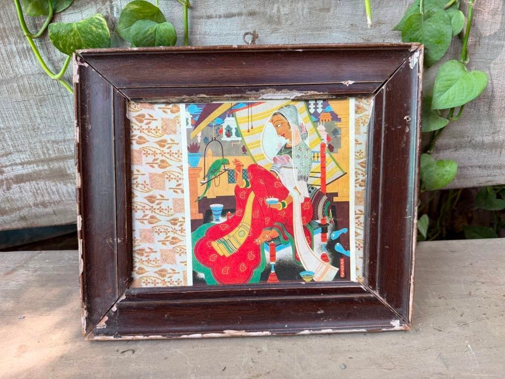 Vintage Indian Miniature Lady Painting Framed Folk Art Wall Decor 10.5 Vintage Indian Miniature Lady Painting Framed Folk Art Wall Decor 10.5