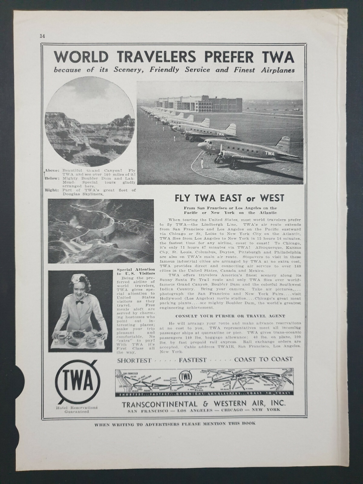 30\'s AD Advertising TWA  Airplanes Chicago NY LA San Francisco. 7.25in x 10.25in