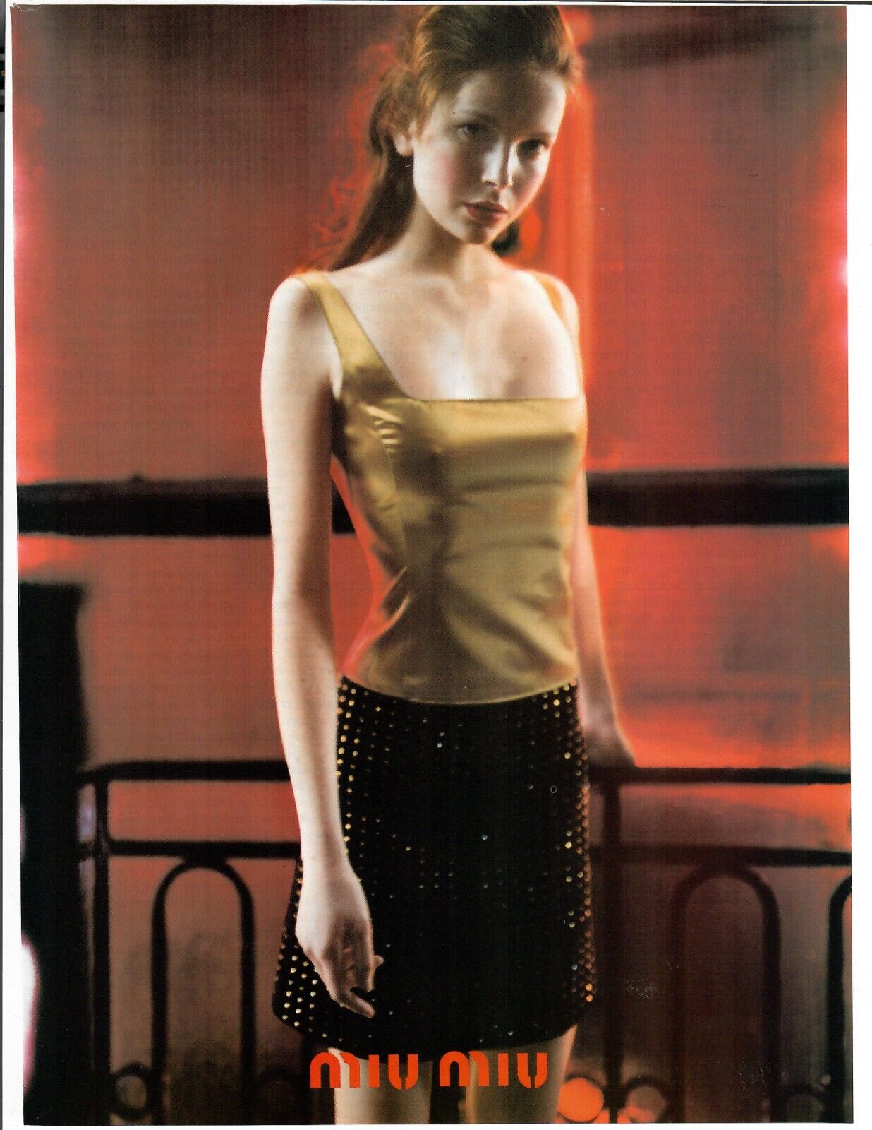 1998 Miu Miu Magazine Print Ad Women's Fashion Clothing Redhead In Sparkly Skirt