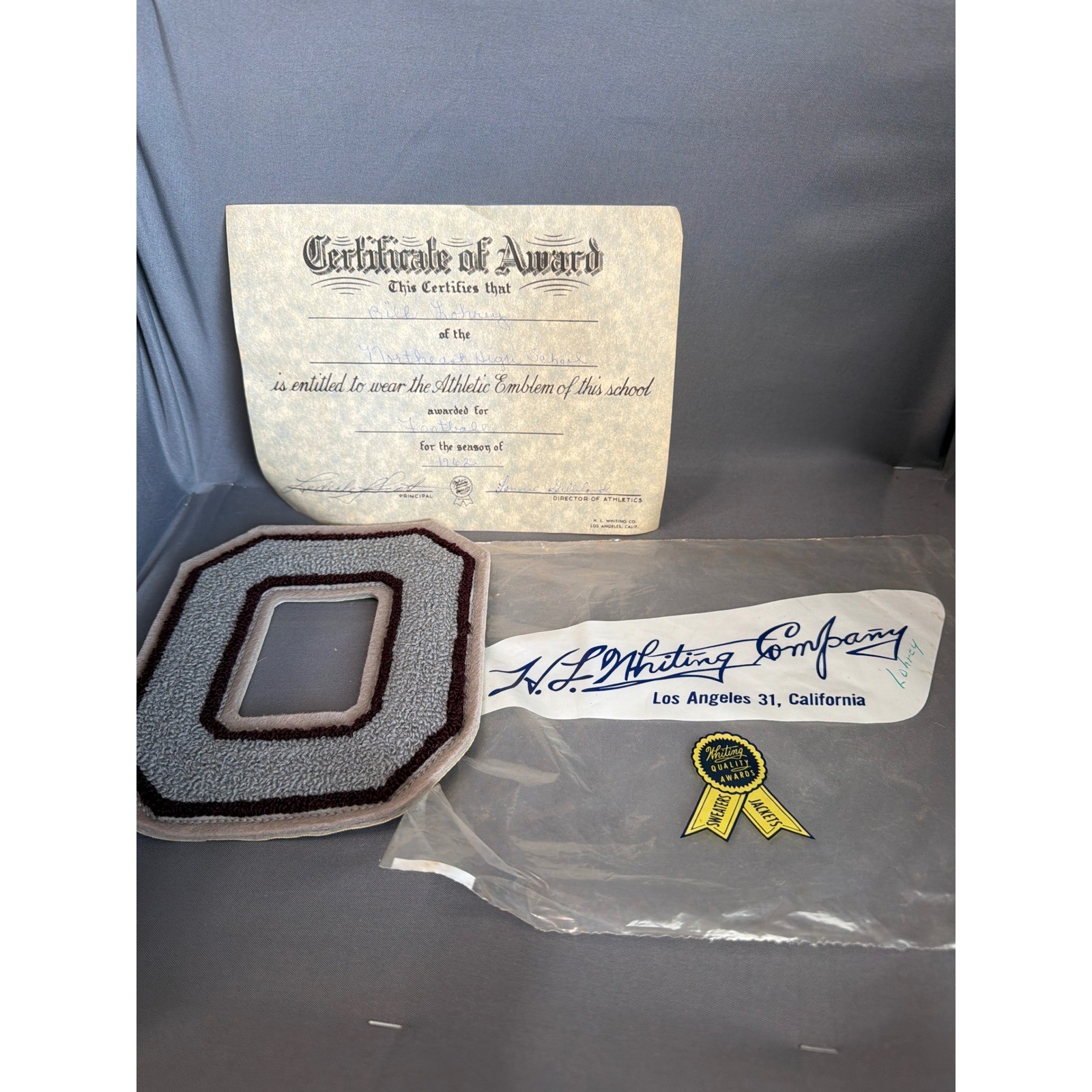 Vintage 1962 HL Whiting Co Varsity Letter O Patch Certificate Football Award