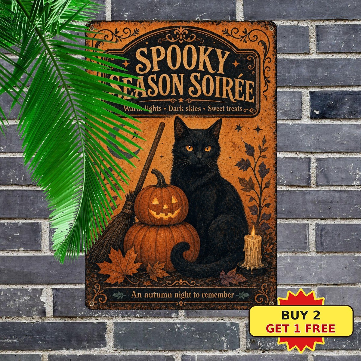 Rustic Black Cat Pumpkin Metal Sign Halloween Autumn Wall Art
