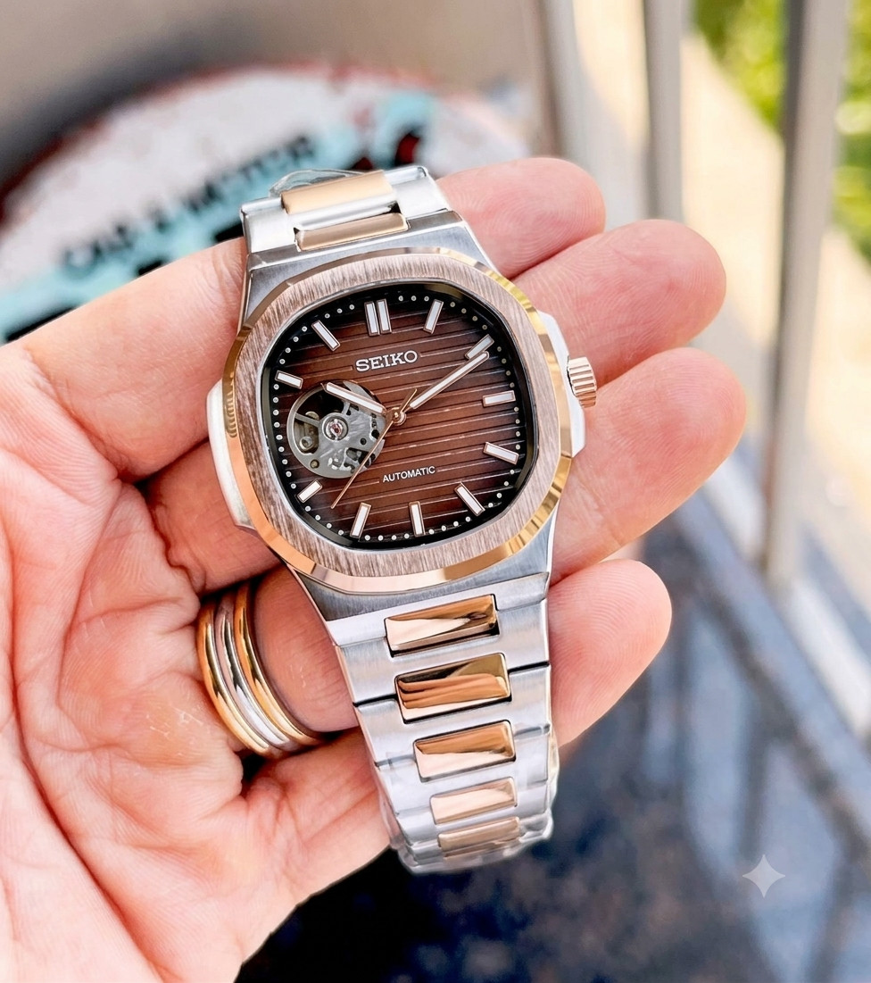 Seiko Mod Nautilus (Open Heart) Chocolate Rose Gold automatic accent bracelet
