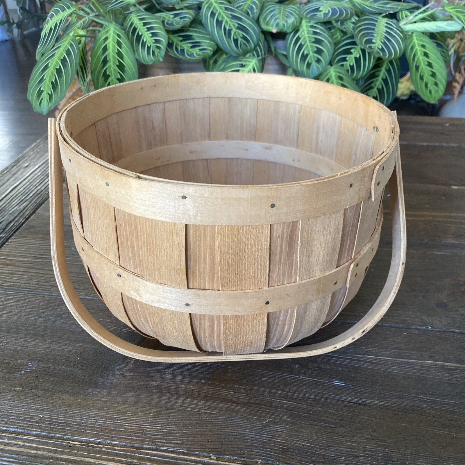 Vintage Wooden Apple Basket Bentwood Slat Gathering Basket Swing Handle 10.5\