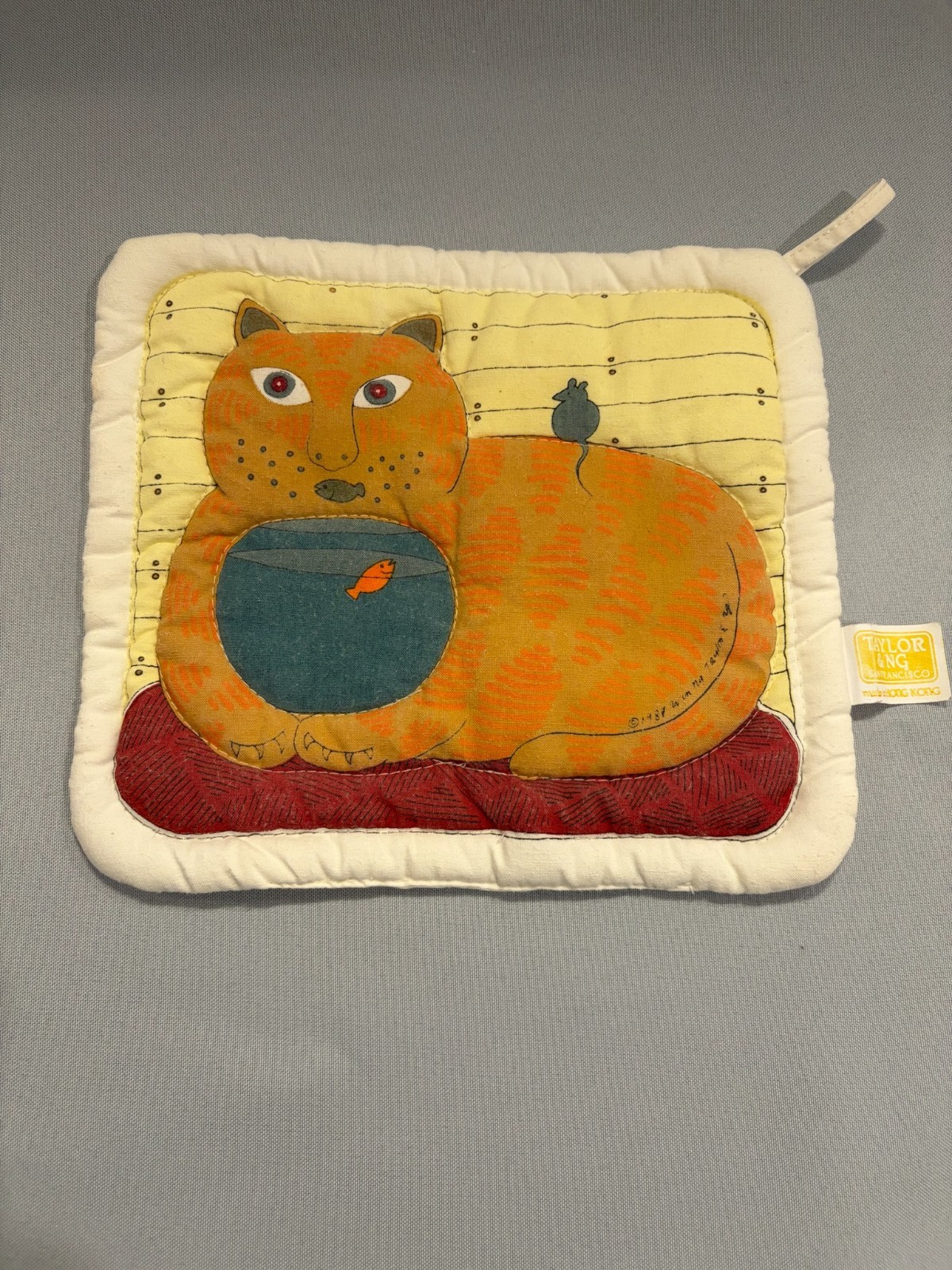 Vintage 1987 Taylor & Ng Orange Tabby Cat Fishbowl Mouse Quilted Potholder