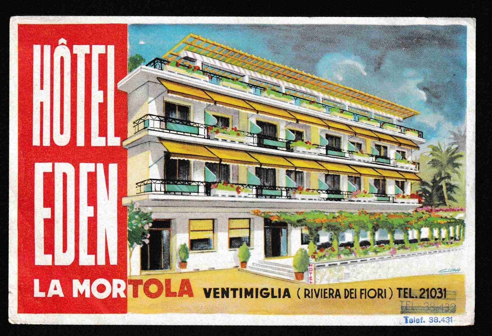 Hotel Eden LA MORTOLA Ventimiglia Italy - vintage luggage label