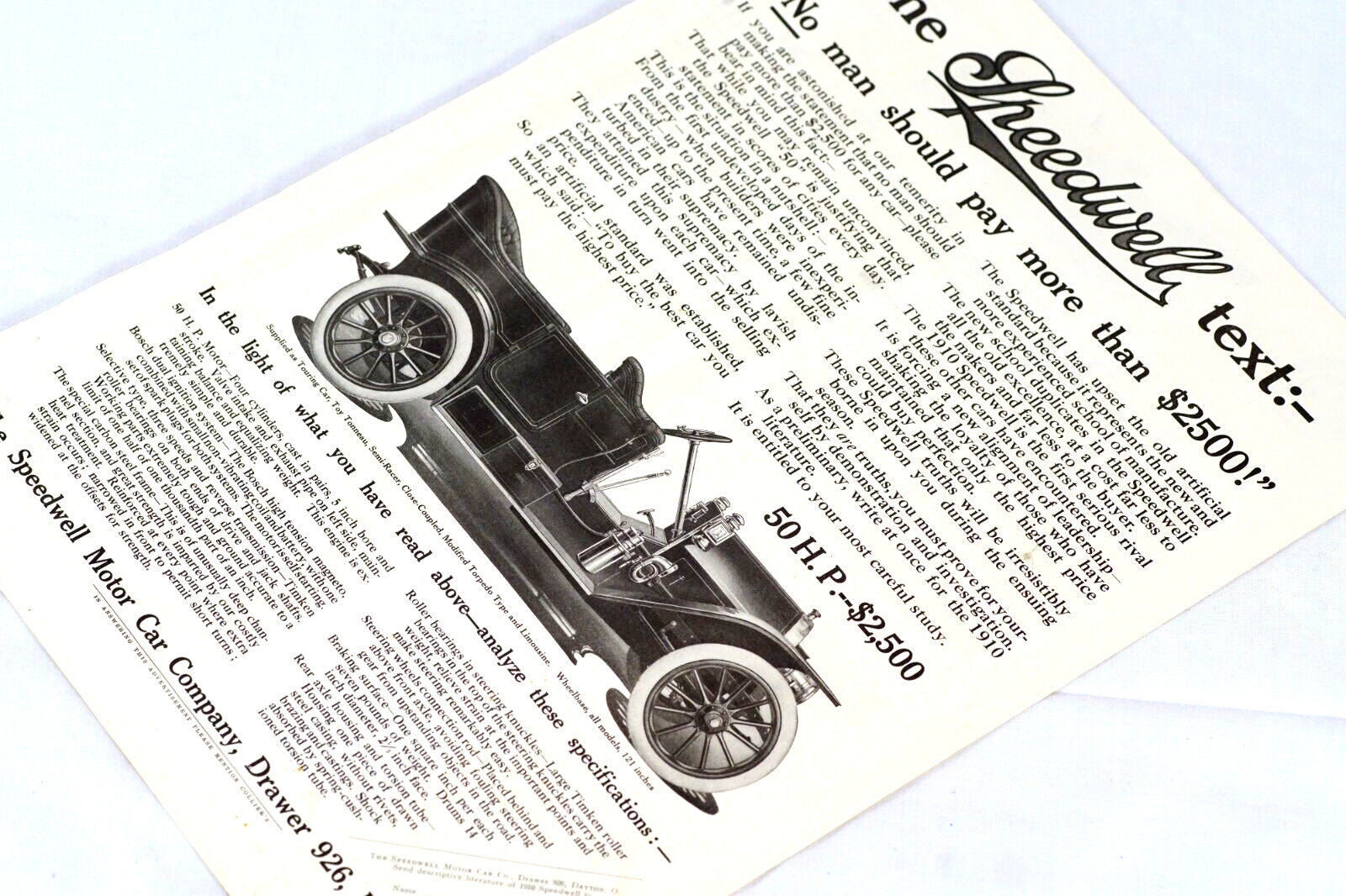 1909 Speedwell Automobile The Speedwell Motor Car Co Antique 10x15 Advertisement