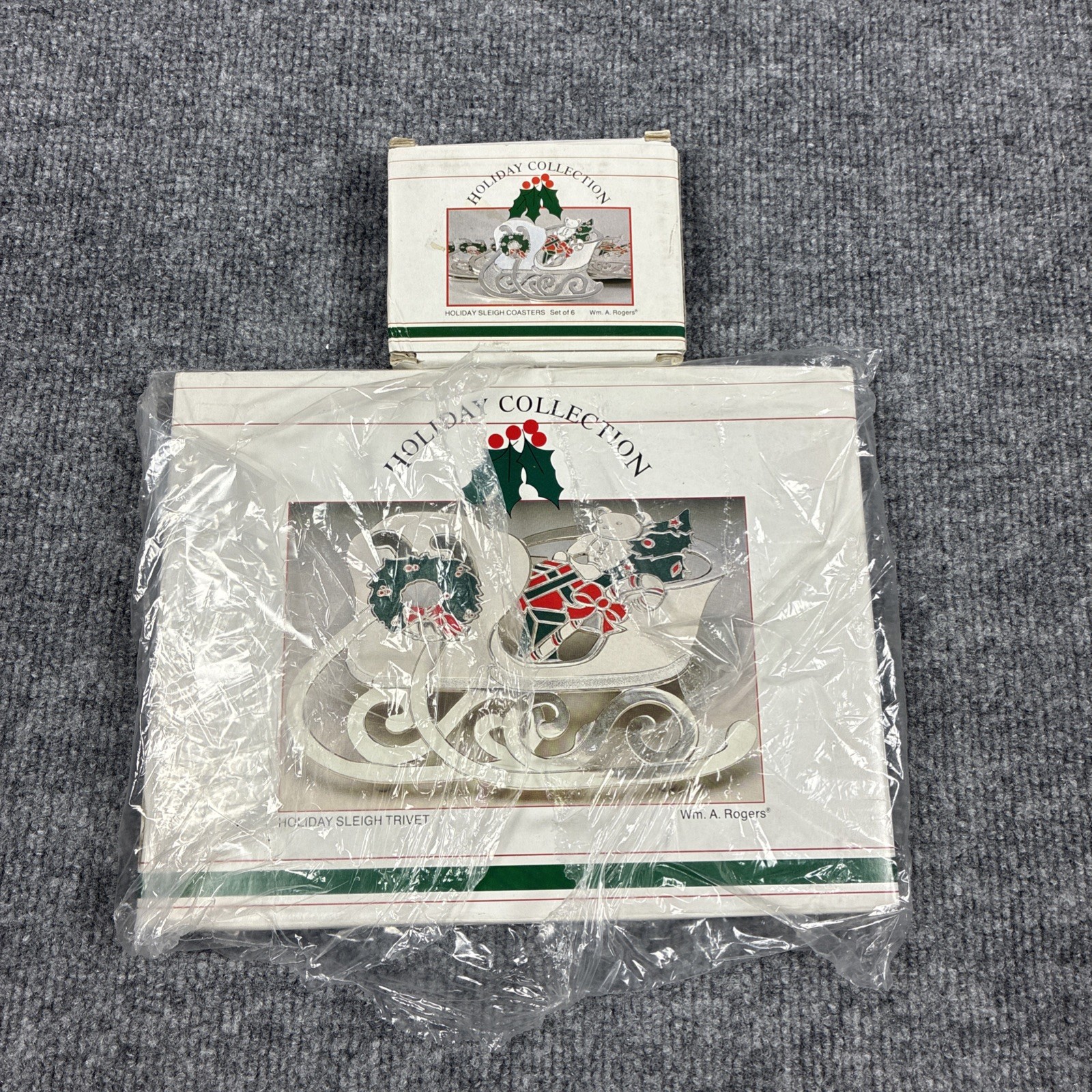 Vtg 1988 Wm A Rogers Oneida Holiday Sleigh Trivet & 6 Coaster Set Factory Sealed