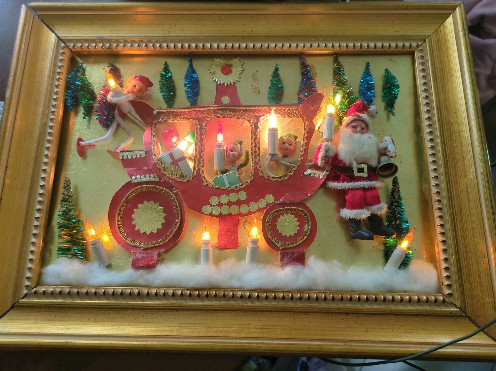 Vintage RARE 1940s Noma Pixie Elf Santa Lighted Christmas Wall Frame Works 