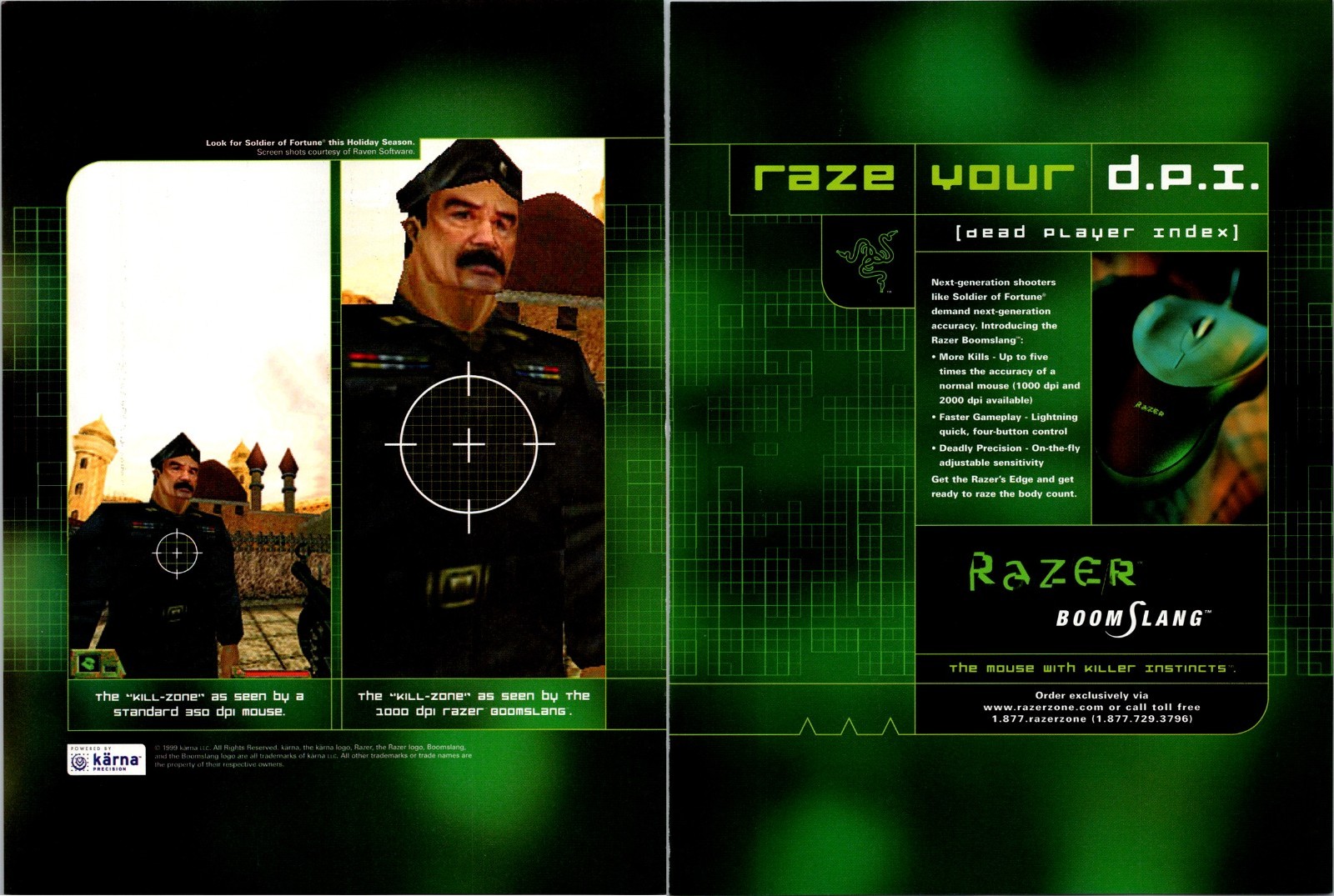1999 • RAZER BoomSlang  • 2 Page Print Ad • Video Game Sadam Hussain 90s LA.28