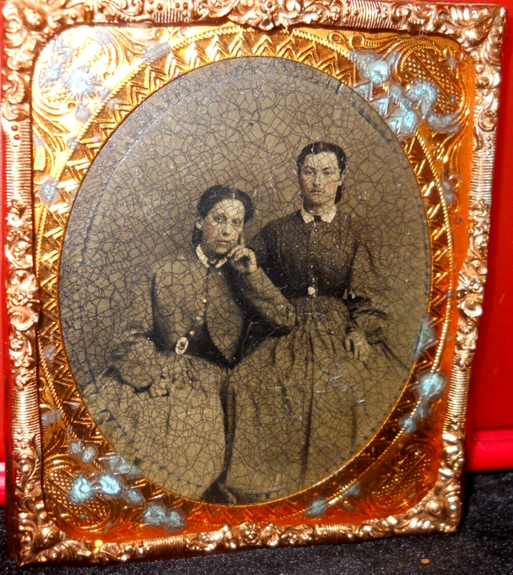 1/6th Size Tintype of ladies in brass mat/frame