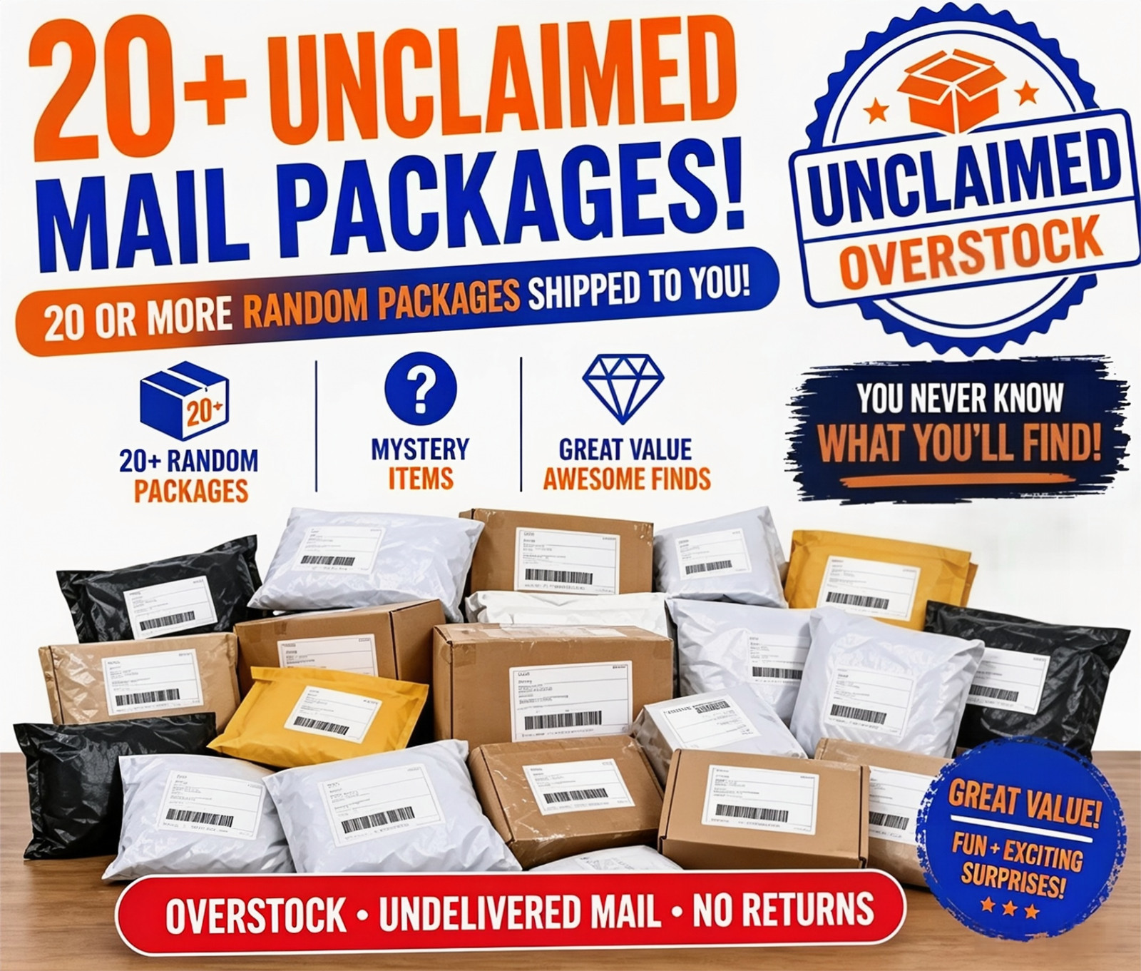 Unclaimed Mail Mystery Box - 20 Undelivered Package - No Return Mail&OVERSTOCK