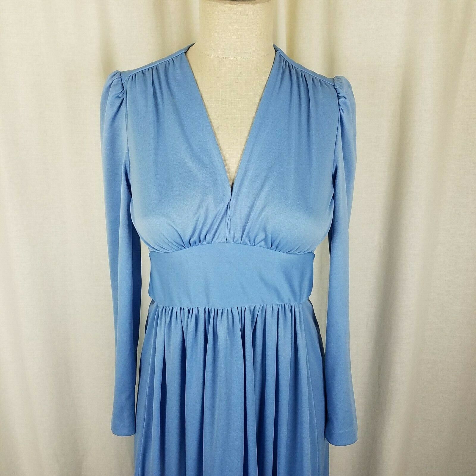 Vintage 70s Long Pleated Plunge Maxi Goddess House Dress Womens S 5 Pale Blue