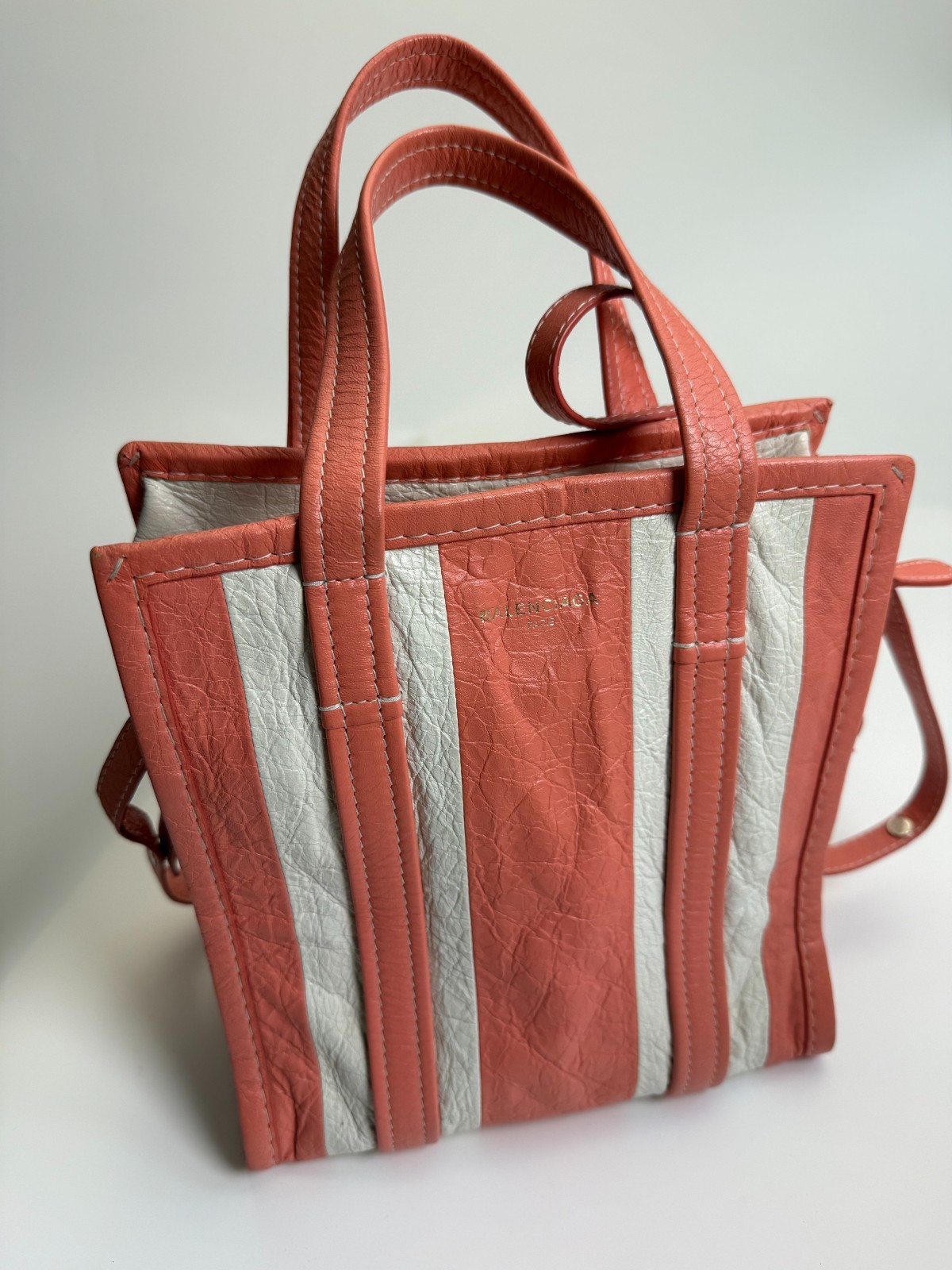 Balenciaga Distressed Red & White Vertical Colorblock Stripe Tote