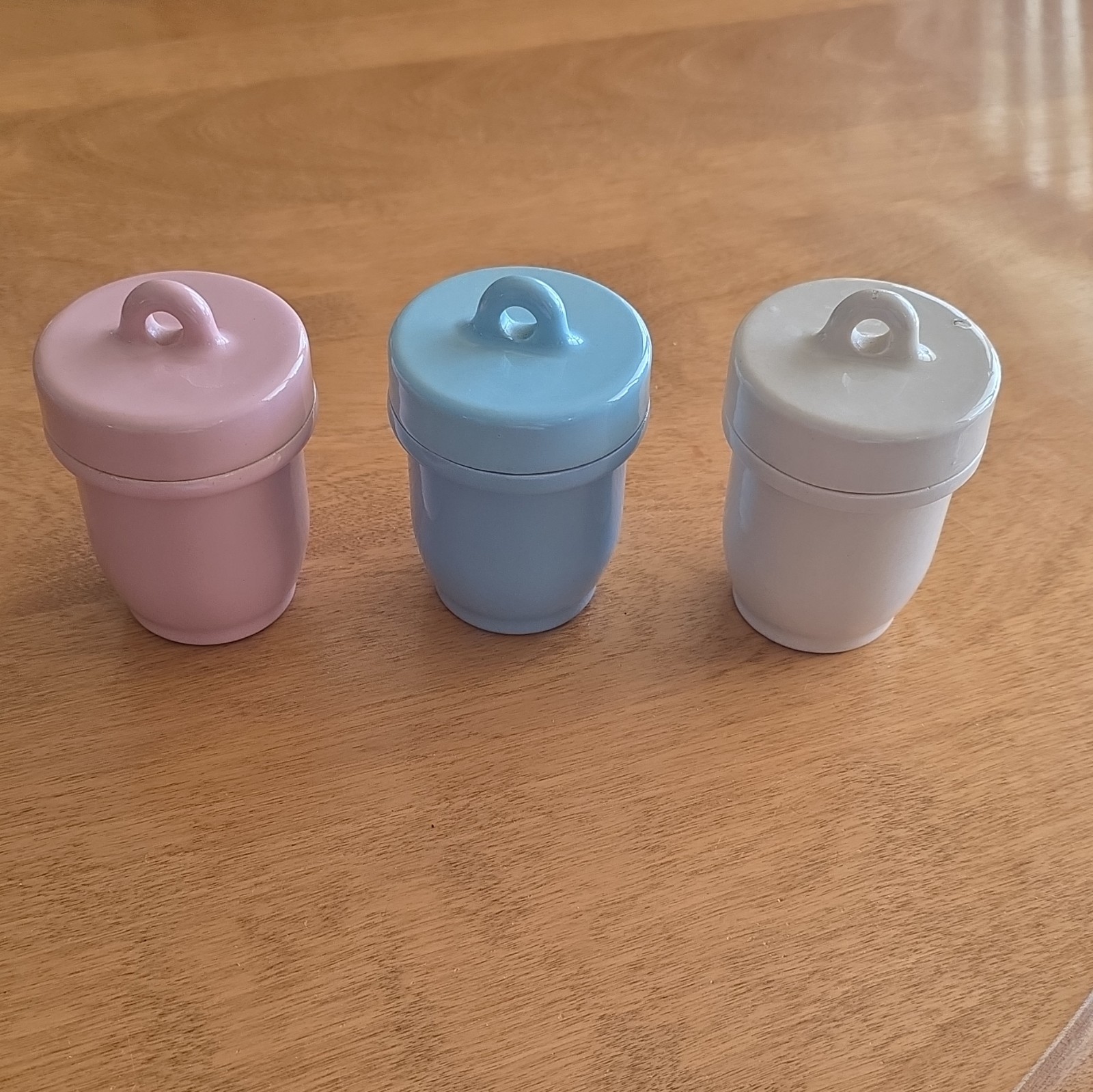 Trio of Antique 1920s Ceramic Egg Coddlers - Made in England - Pastel Pink, Blue