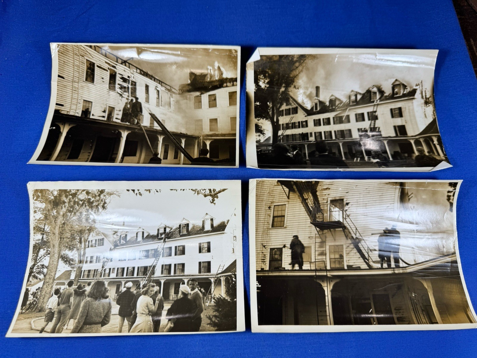 4 C.1950 B&W Glossy Photos ~ Building Fire Firemen w/ Axe & Hose ~ Bystanders