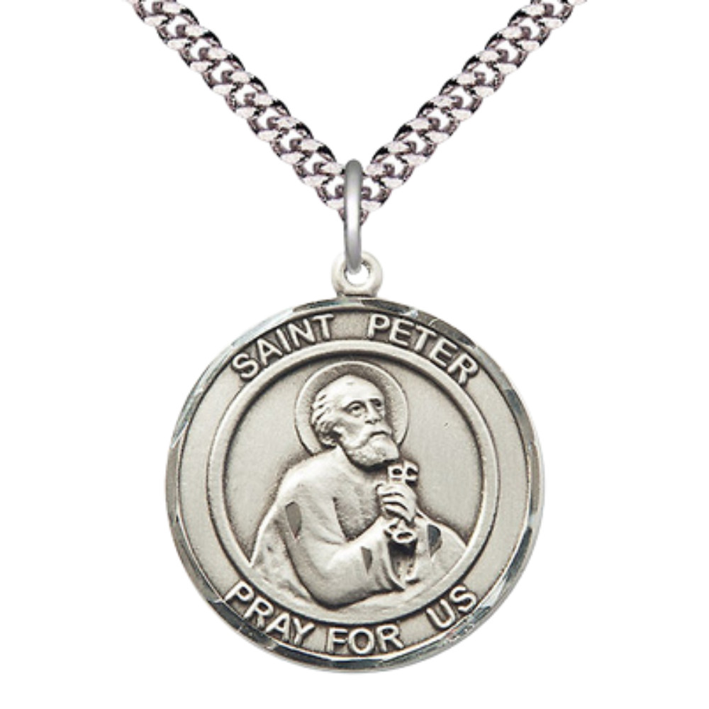 Pewter St. Saint Peter the Apostle Oval Medal Pendant Necklace 24
