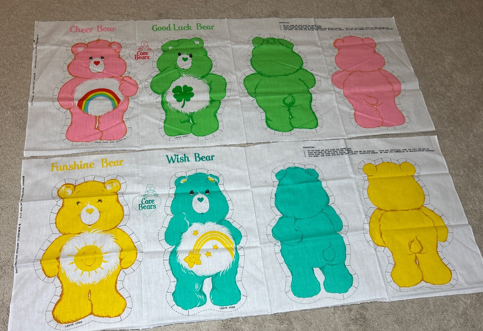 4 Vintage 1983 Care Bears Cut & Sew Fabric Panels Cheer Good Luck Wish Sunshine