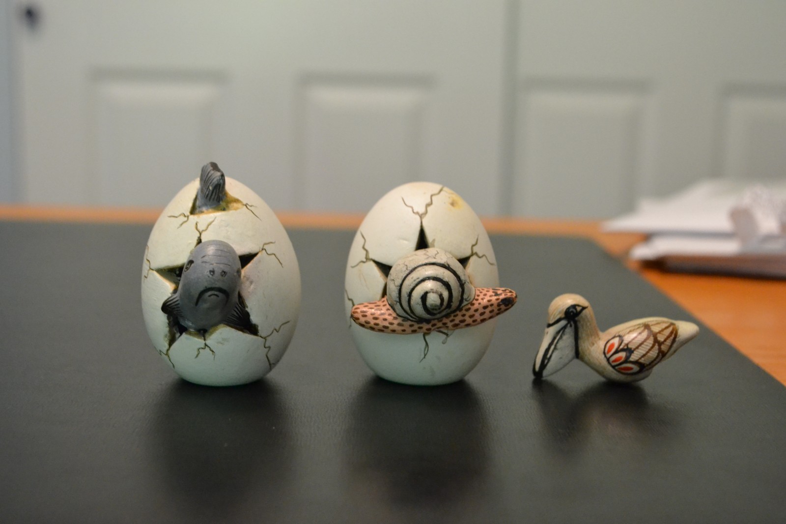 Two Vintage Breaking Out Of Egg Sculptures, Mexico Hand Painted ￼