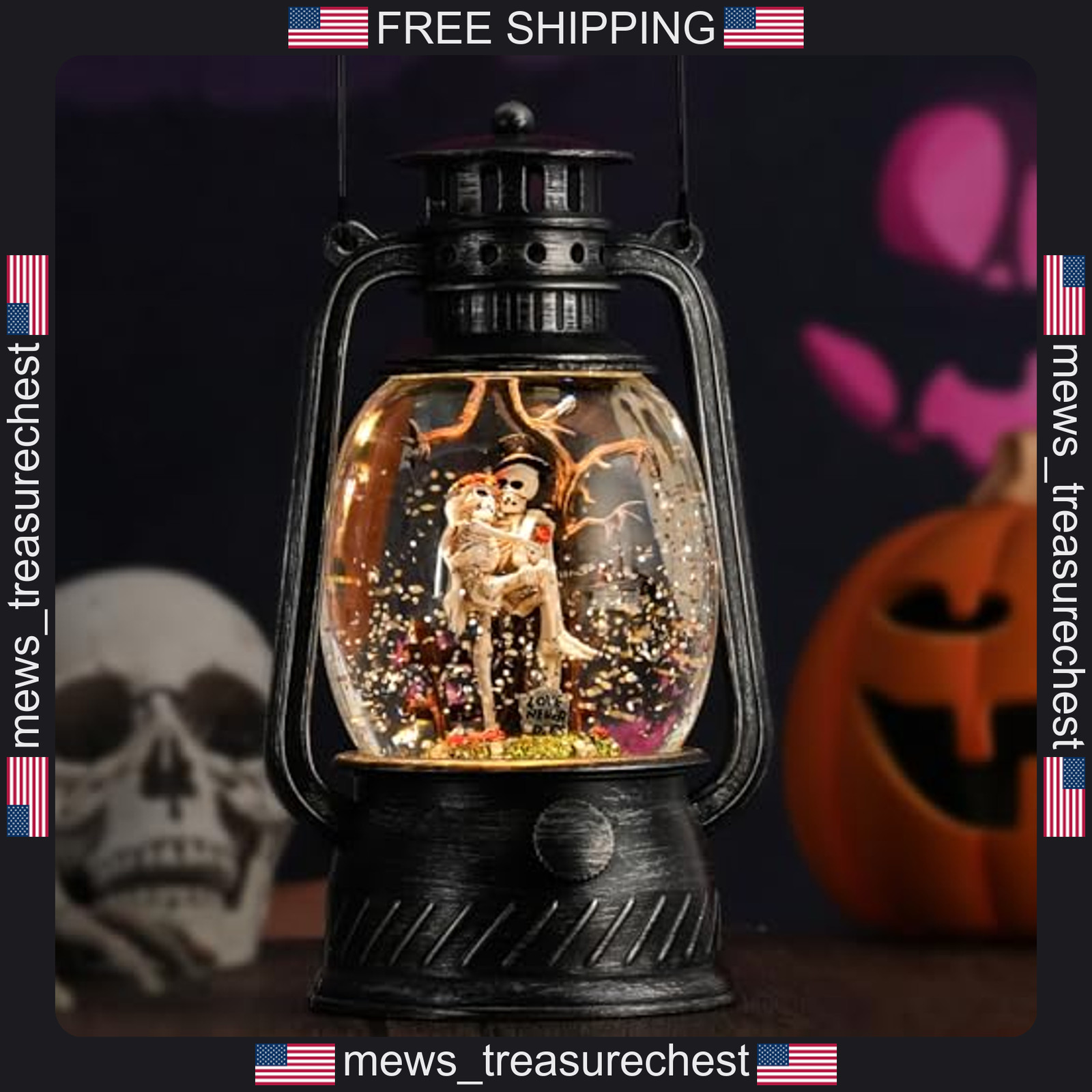 Halloween Snow Globe Lantern with Skeleton Couple and Music Indoor Decor