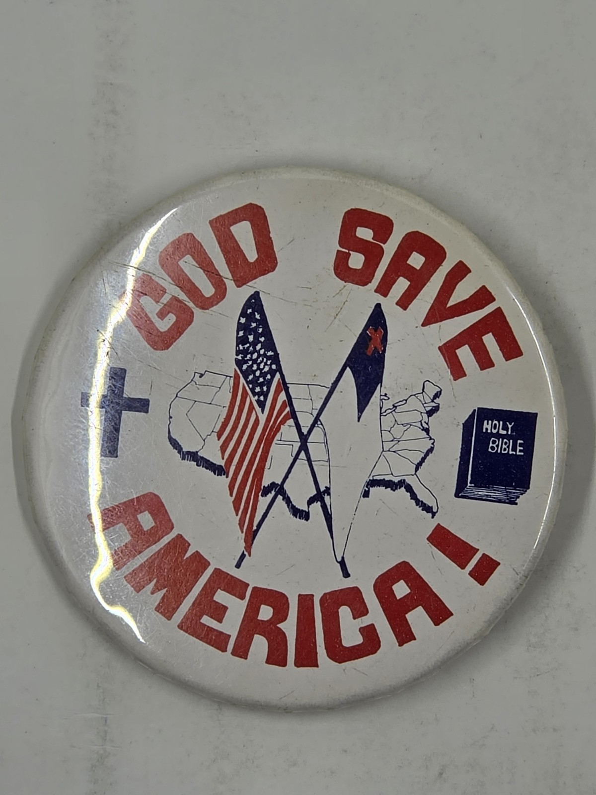 Vintage God Save America Pinback Button Religious Patriotic Holy Bible Cross 3\