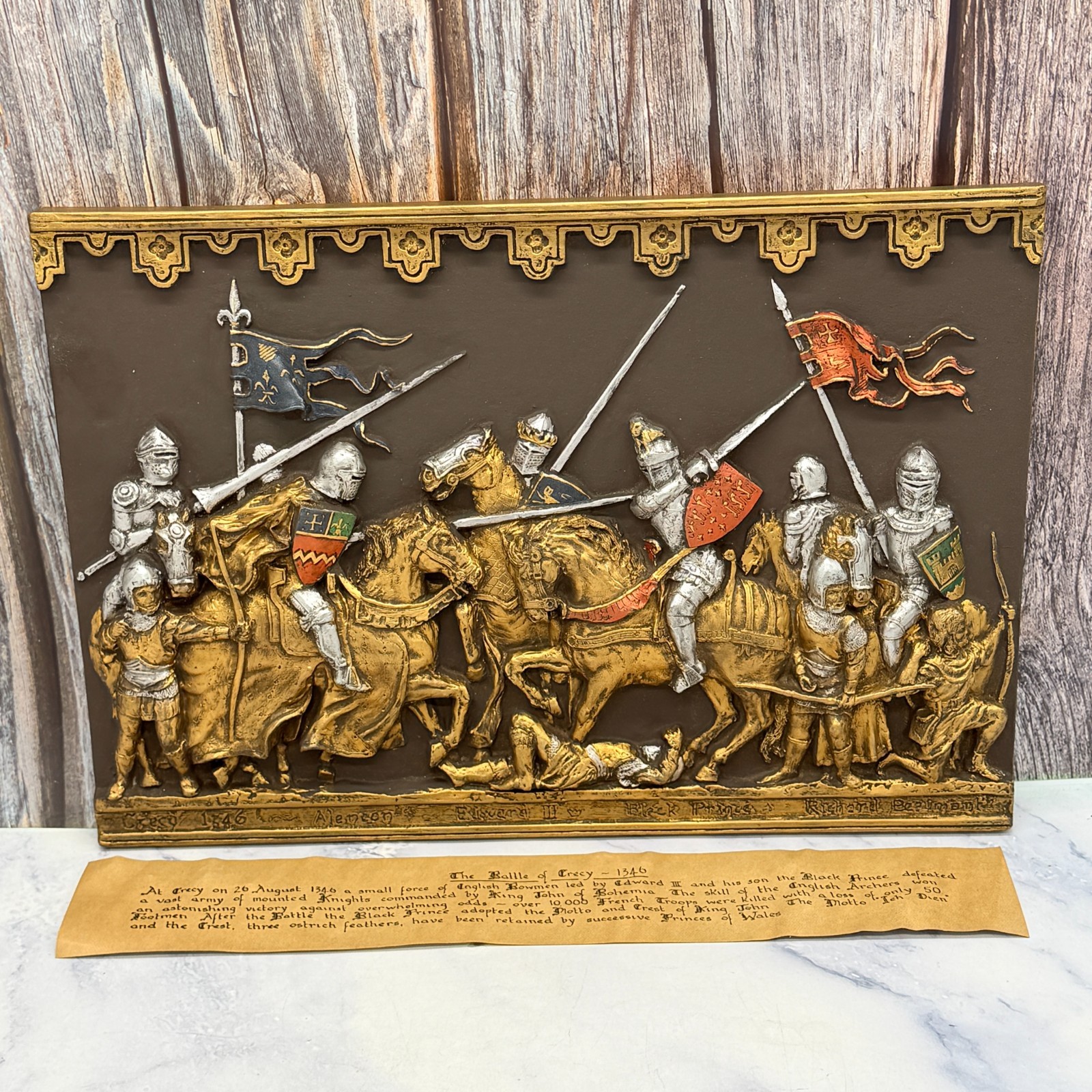 Marcus Designs Battle of Crecy 1346 3D Relief Wood Wall Plaque 1960s MCM England