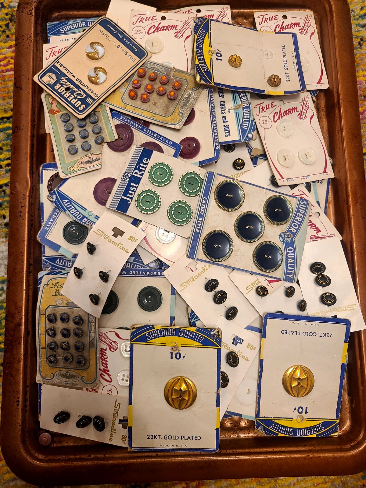 Vtg Estate Sewing Button Lot 65 Cards 22k Gold Plated Just Rite Streamline