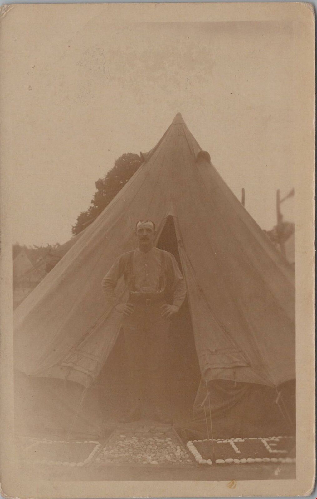 RPPC Postcard Man Suspenders Outside of Tent c. 1900s 