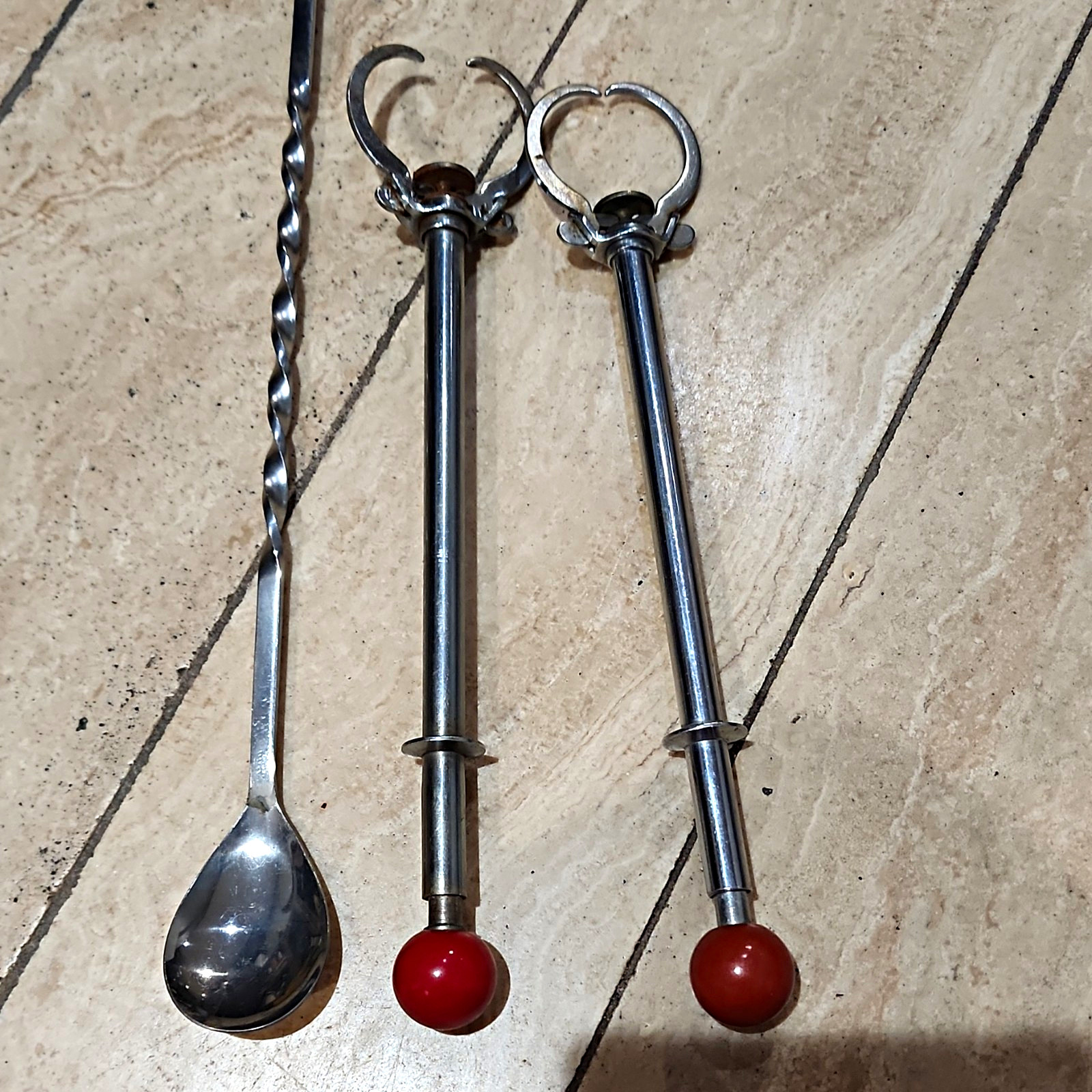 Vintage Mid Century Modern Cocktail Bar Tool Lot, 2 Spring Mechanical Claw Tong