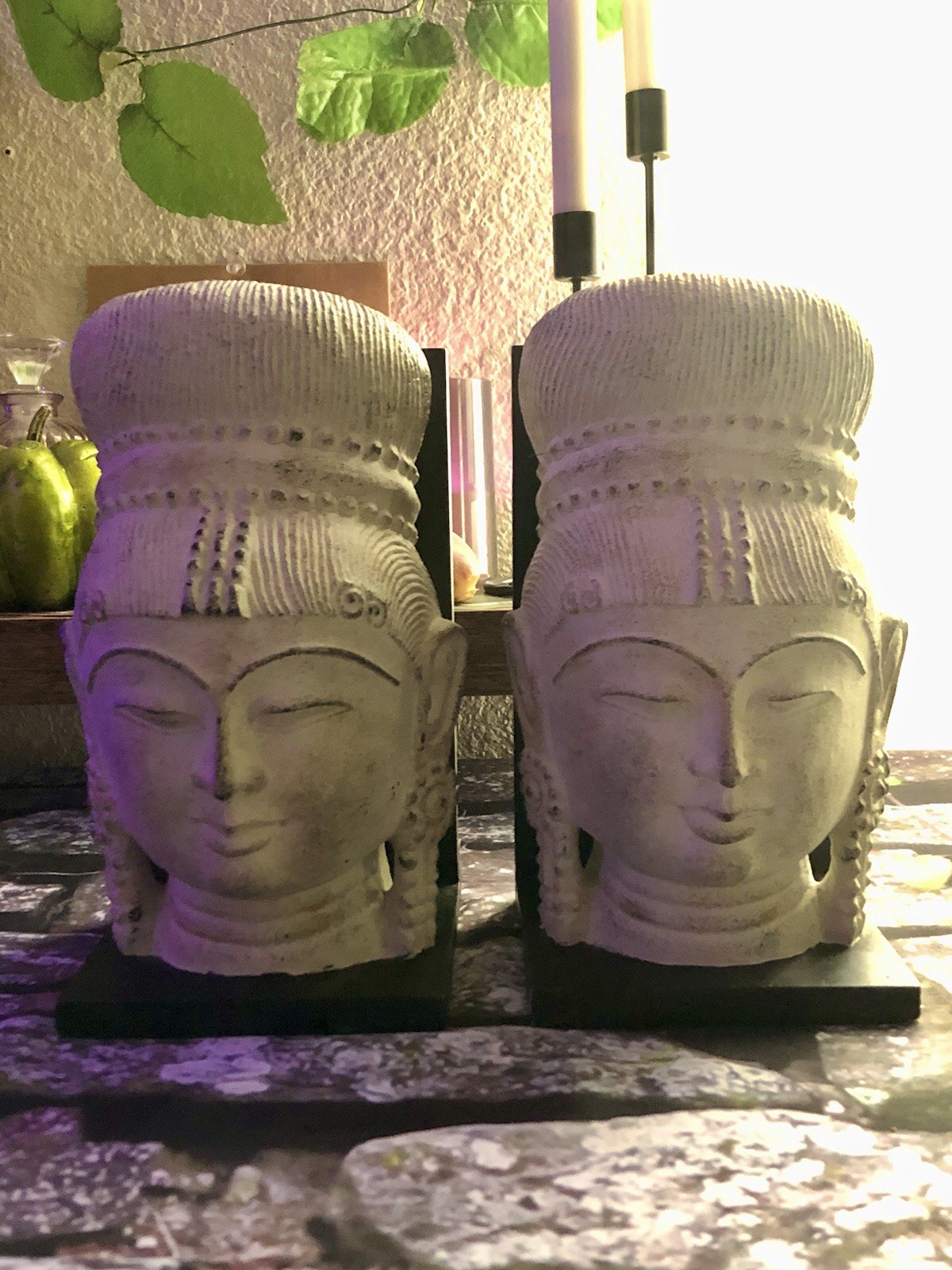 Pair Of Thai Buddha Head Stone Or Plaster  Bookends Heavy Distressed Finish Zen