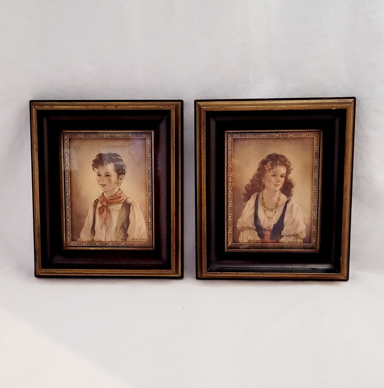 Vtg Chico & Elana Prints By Ann Allaban W/Mohogany Frame/Gold Trim By E.G Co.