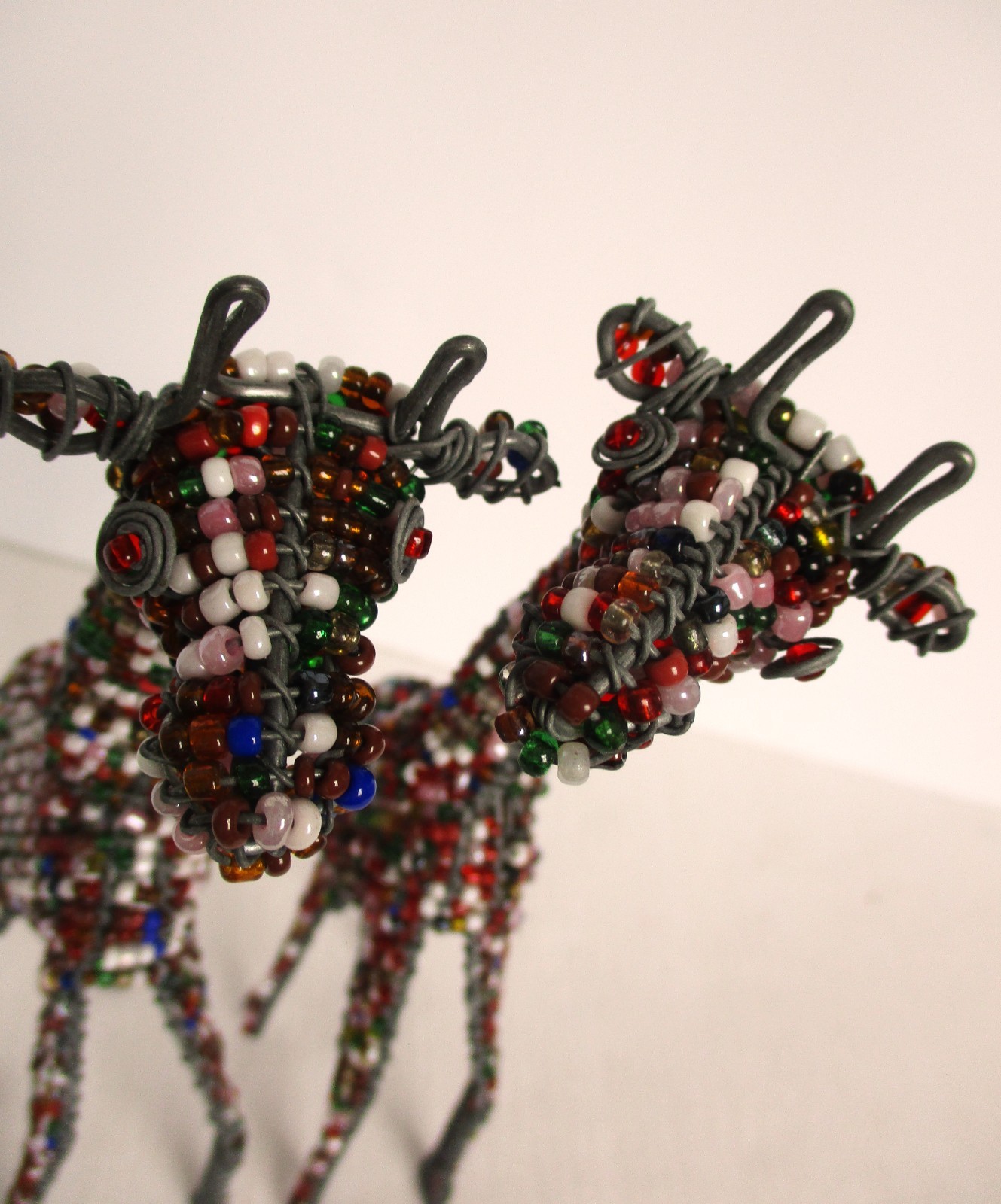 Hand Beaded Giraffe Sculpture Set 2 African Folk Art Wire & Seed Bead Figurines