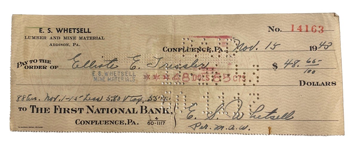 ES Whetsell Mine Materials 1st National Bank of Confluence PA Antique 1943 Check