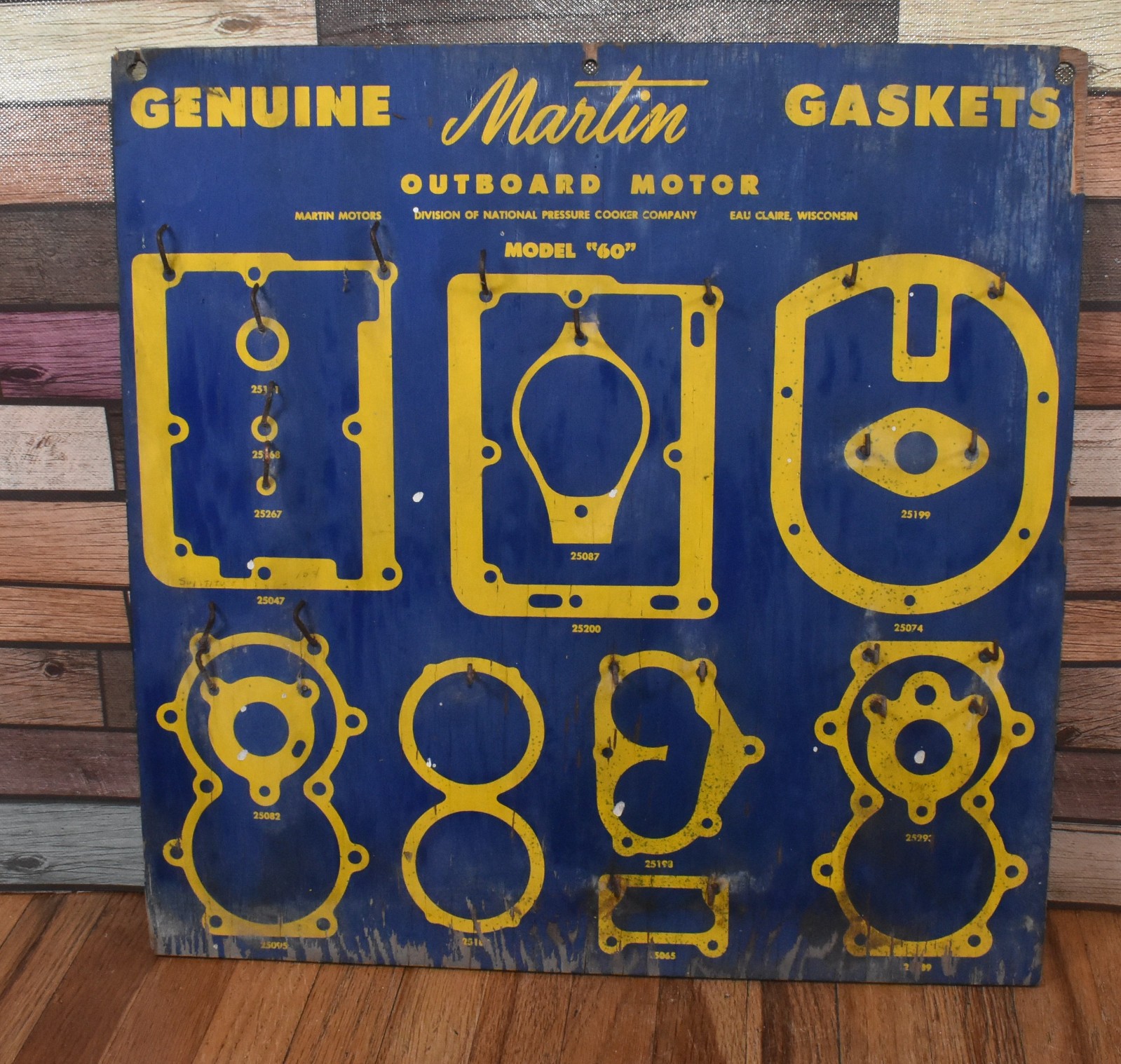 Vintage Martin Gaskets Wooden Display Board Outboard Boat Motor Advertising Sign