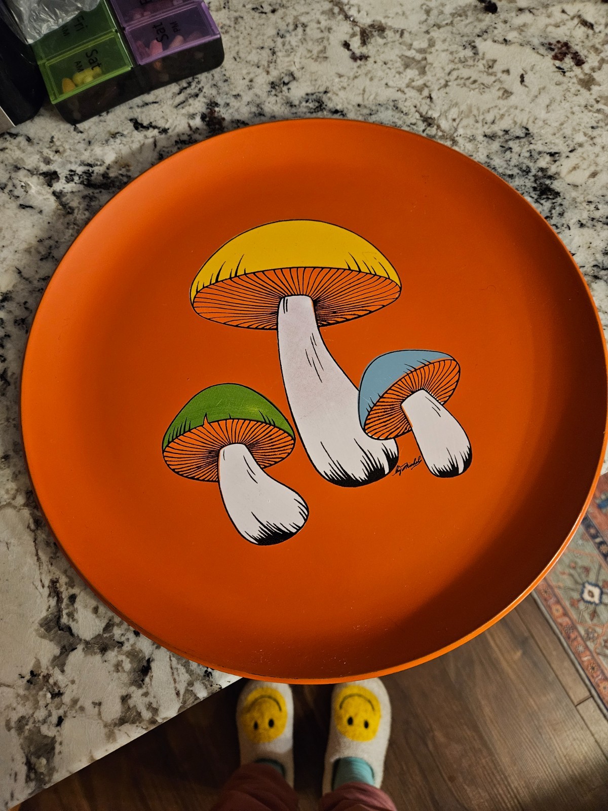 Vintage MCM Orange Melamine Mushrooms Round Serving Tray Platter 13\