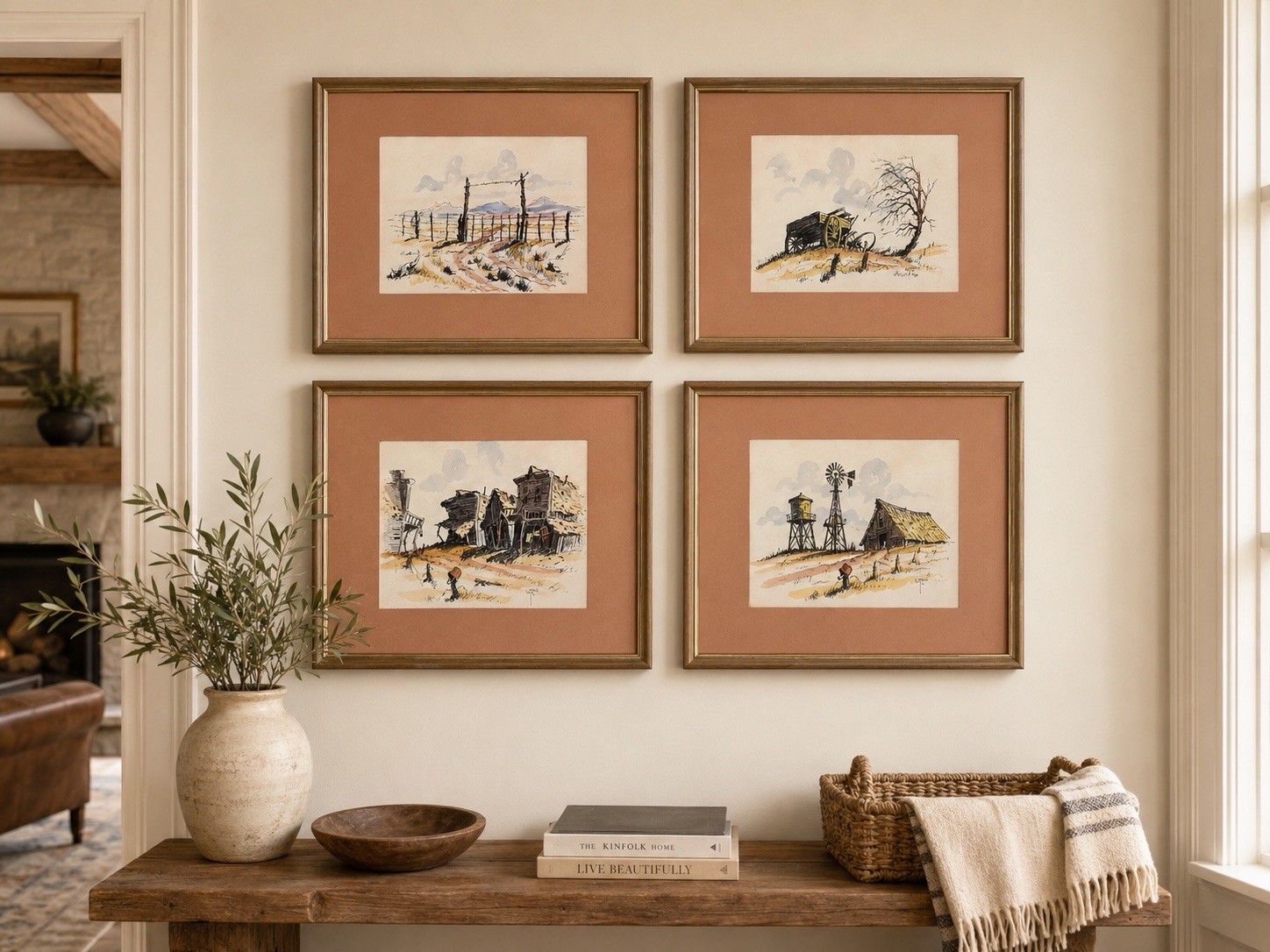 William T Zivic 1968 Original Watercolor Ink Western Art Set of 4 Framed